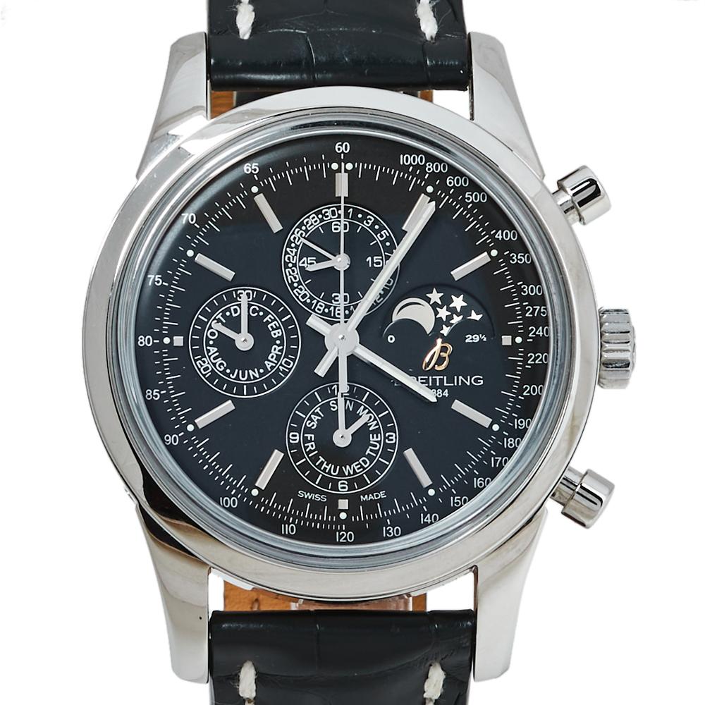 Contemporary Breitling Black Stainless Steel Transocean Chronograph Men's Wristwatch 43 MM