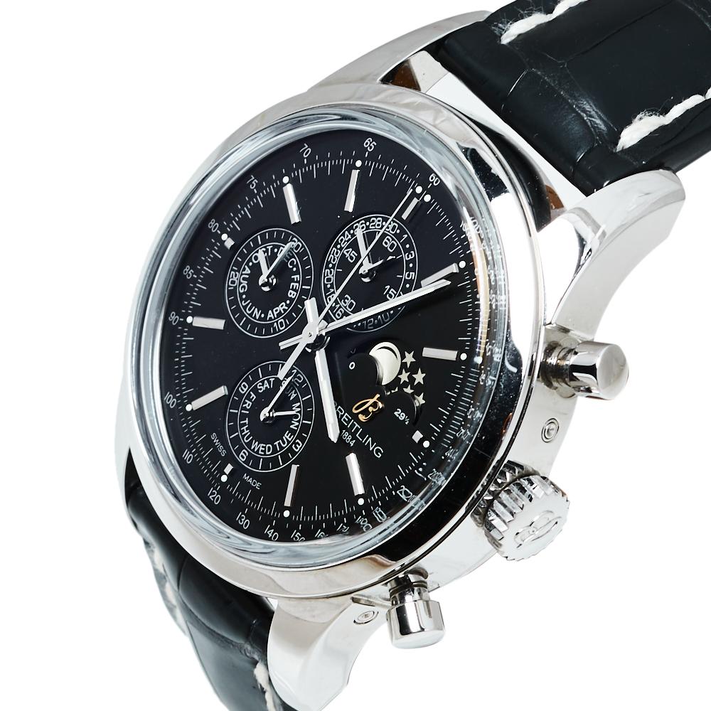 Breitling Black Stainless Steel Transocean Chronograph Men's Wristwatch 43MM In Good Condition In Dubai, Al Qouz 2