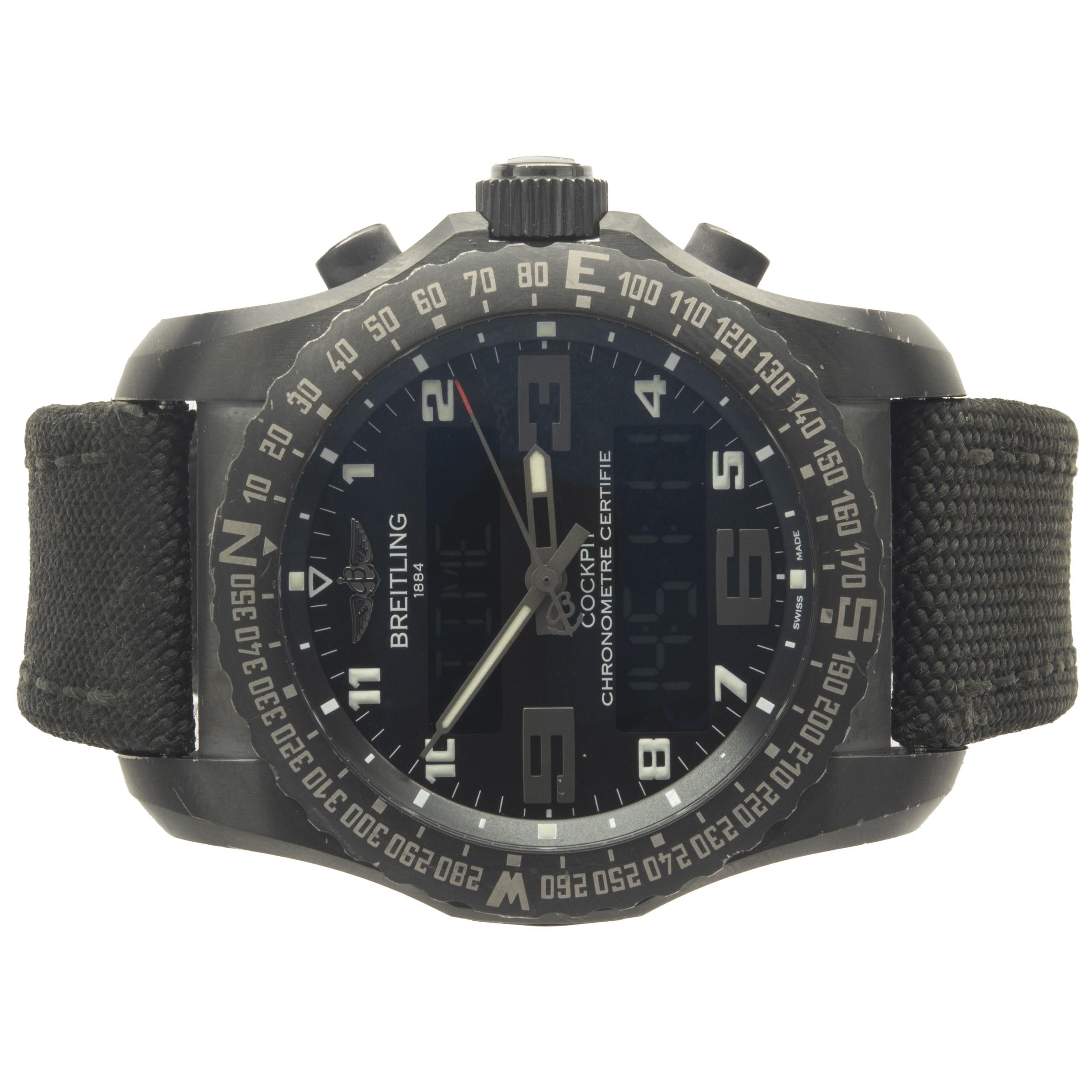 Movement: automatic
Function: hours, minutes, seconds, date, digital, perpetual, timer, alarm, UTC world time
Case: round 46mm black titanium case, uni-directional rotating bezel, sapphire protective crystal, Breitling engraved case-back, screw-down