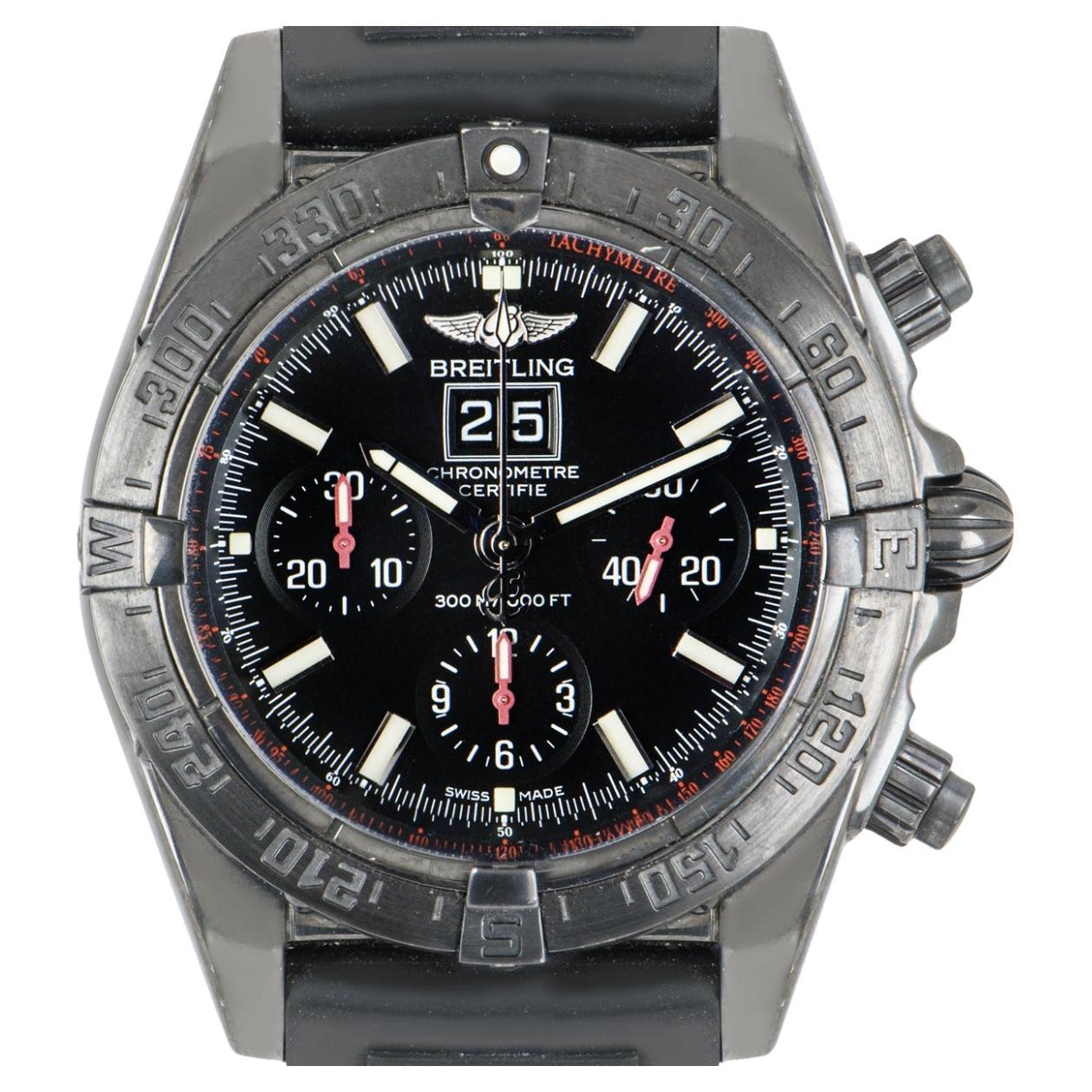 A 44mm Breitling Blackbird wristwatch crafted in stainless steel. Features a black dial with a date aperture, 3 subdials displaying the hours, minutes, small seconds, and a bi-directional stainless steel bezel. 

Fitted with a scratch resistant