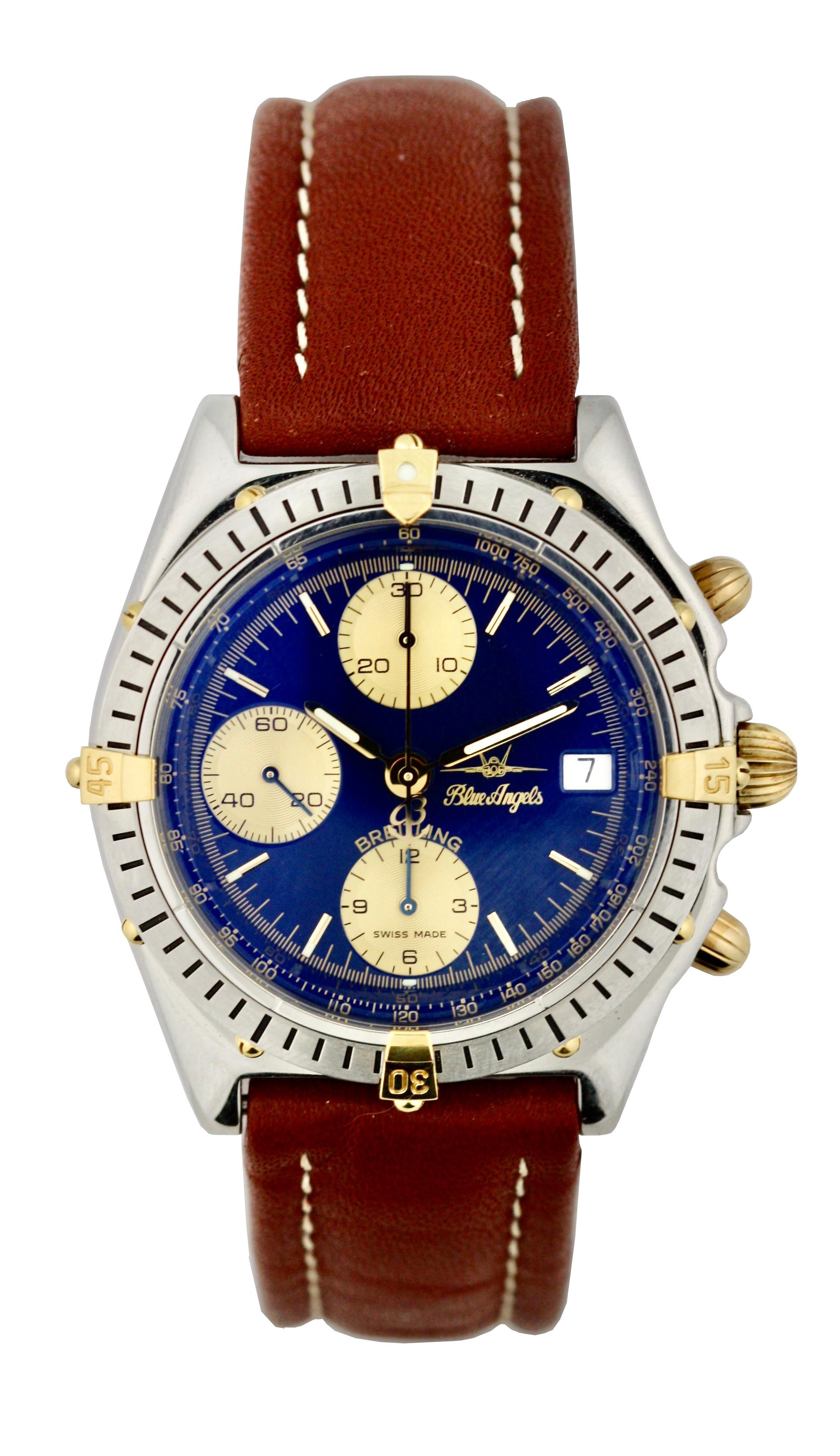 
Breitling
Blue Angel
Stainless Steel Chronograph Wristwatch with date
Dial: blue
Calibre: cal. B14 automatic, 38 jewels
Case: DLC coated stainless steel, screw down case back
Case number: 200 636, 
Size: 40 mm diameter
Signed: case, dial and