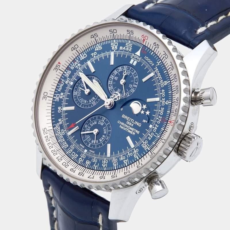 Breitling Blue Stainless Steel Alligator Navitimer 1461 Limited Edition A19370 In Good Condition In Dubai, Al Qouz 2