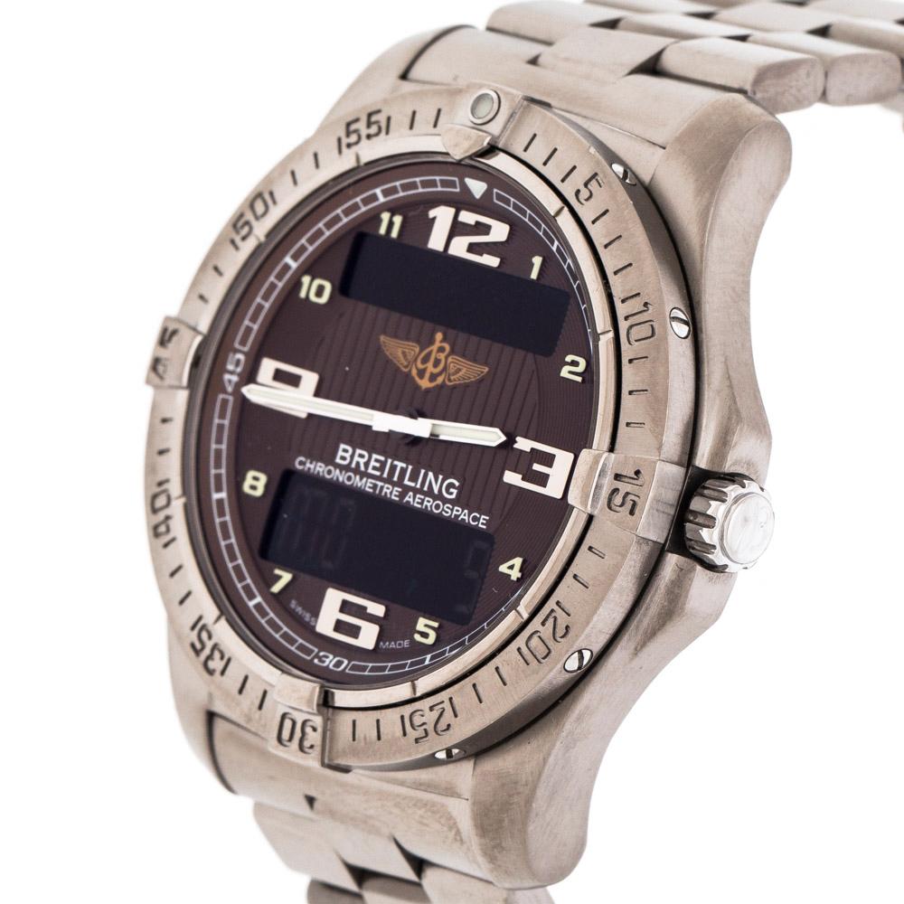 Defined by its simple yet logical system, makes this Aerospace men's wristwatch a stand-apart from the rest of the Breitling models. Featuring a titanium body, that comes with a brown dial and a functional crown. Simply rotate, pull or press the