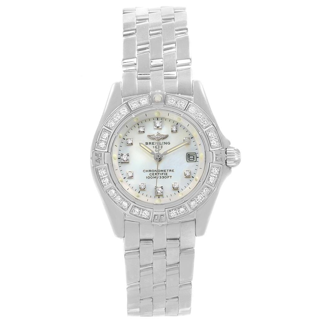 Breitling Callistino White Gold MOP Diamond Ladies Watch J72345. Quartz movement. 18K white gold case 29.0 mm in diameter. 18K white gold unidirectional rotating diamond bezel. Four 15 minute markers. Scratch resistant sapphire crystal. Mother of