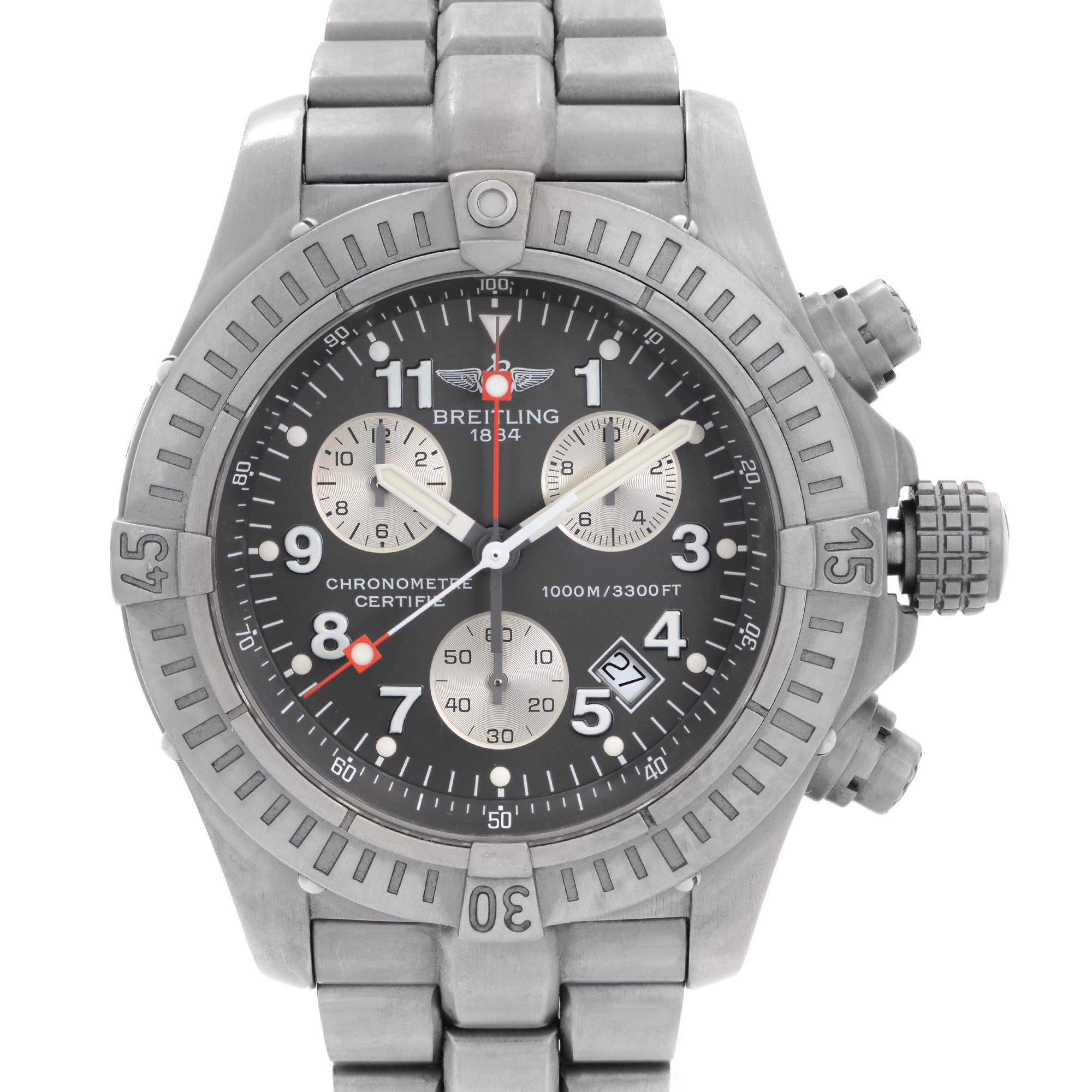 Pre-owned Breitling Chrono Avenger M1 44mm Titanium Gray Dial Mens Quartz Watch E73360 Minor Nicks and Scratches on the Bezel, Near the Helium Escape Value and Crown. Minor Slack on the Bracelet, This Timepiece is Powered by Quartz (Battery)