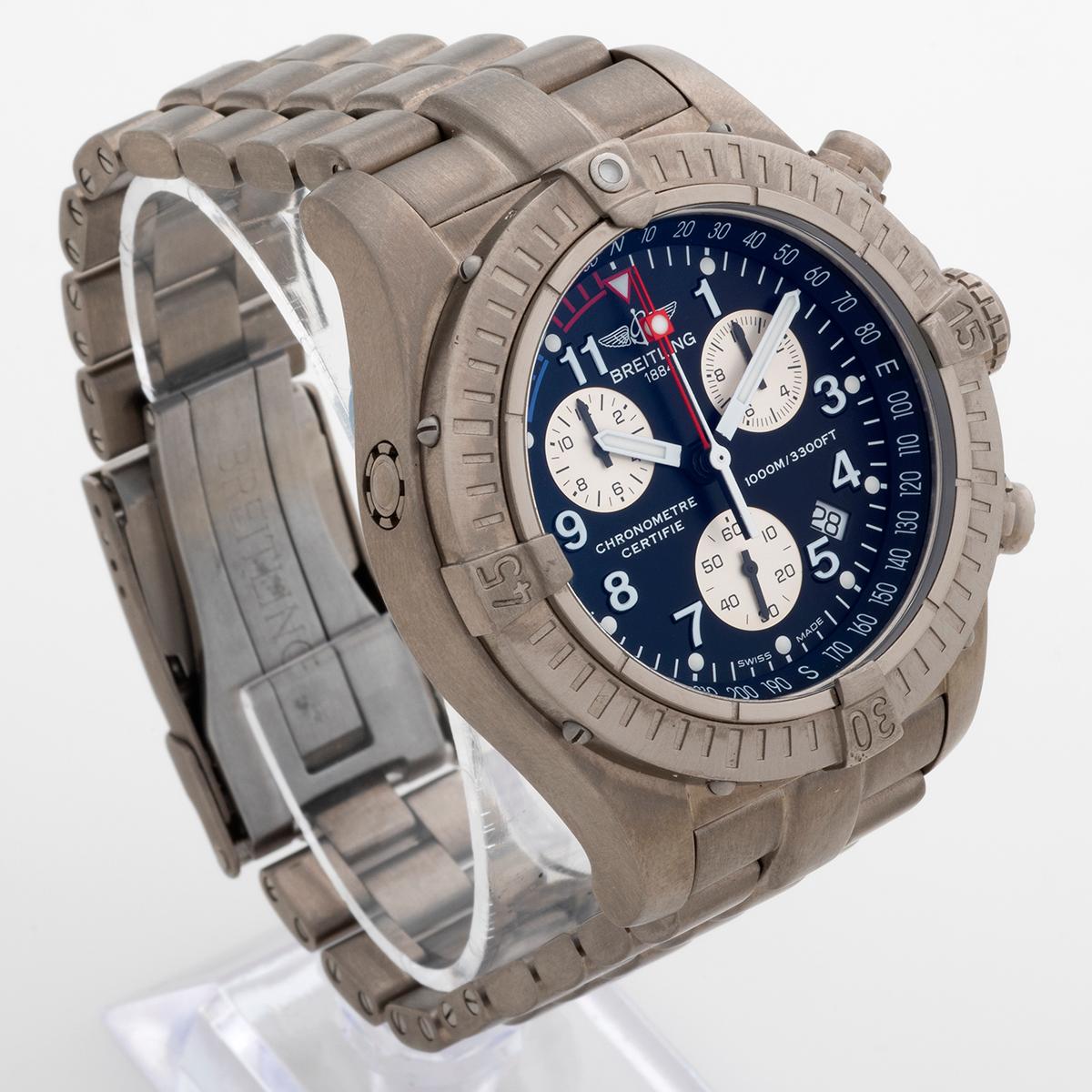 Our stunning Breitling Chrono Avenger M1, reference E73360 features a titanium case and factory length titanium bracelet with black dial, chronograph and date functions. A complete set with light signs of use from new, our example comprises inner