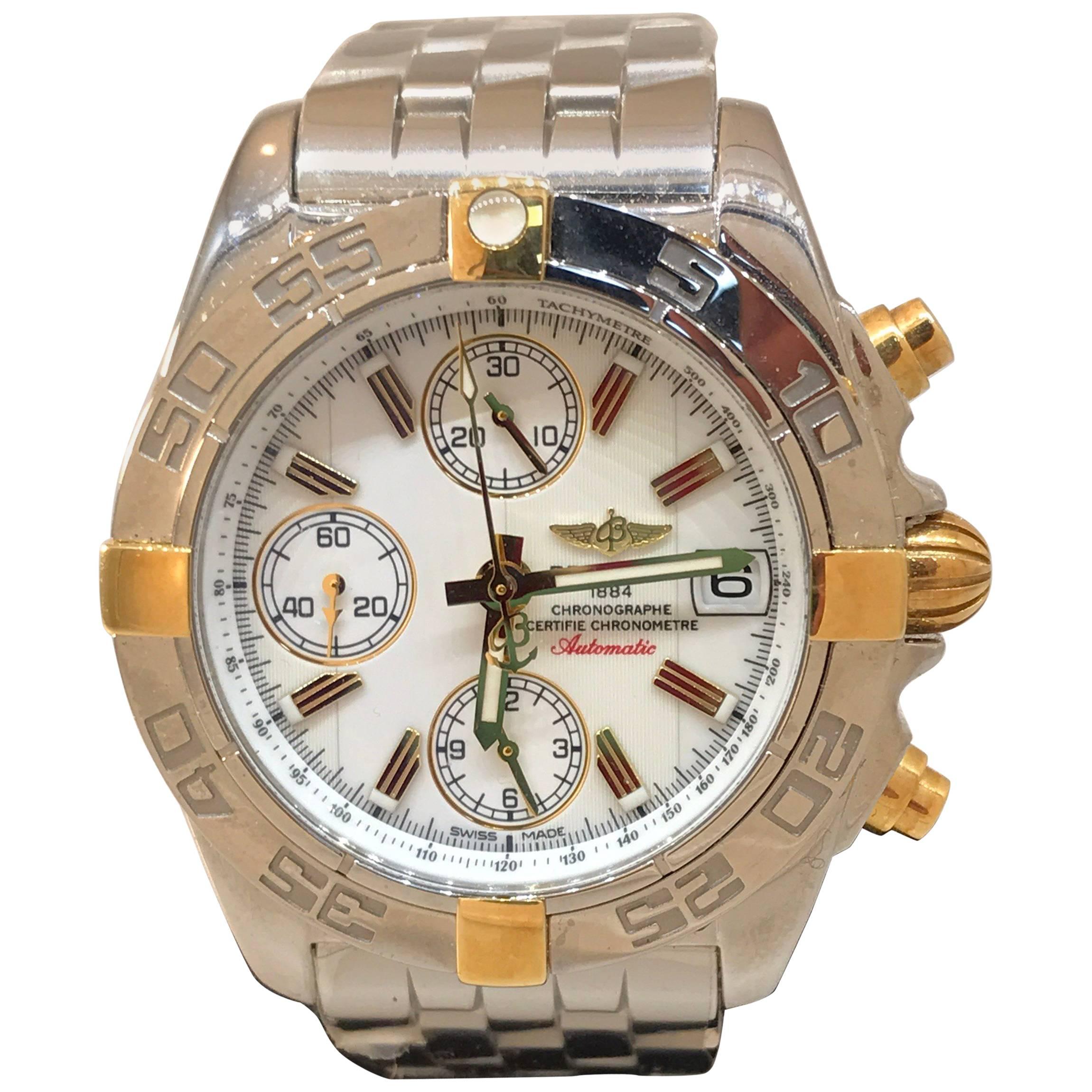 Breitling Chrono Galactic 18 Karat Gold and Stainless Steel Bracelet Men
s Watch For Sale