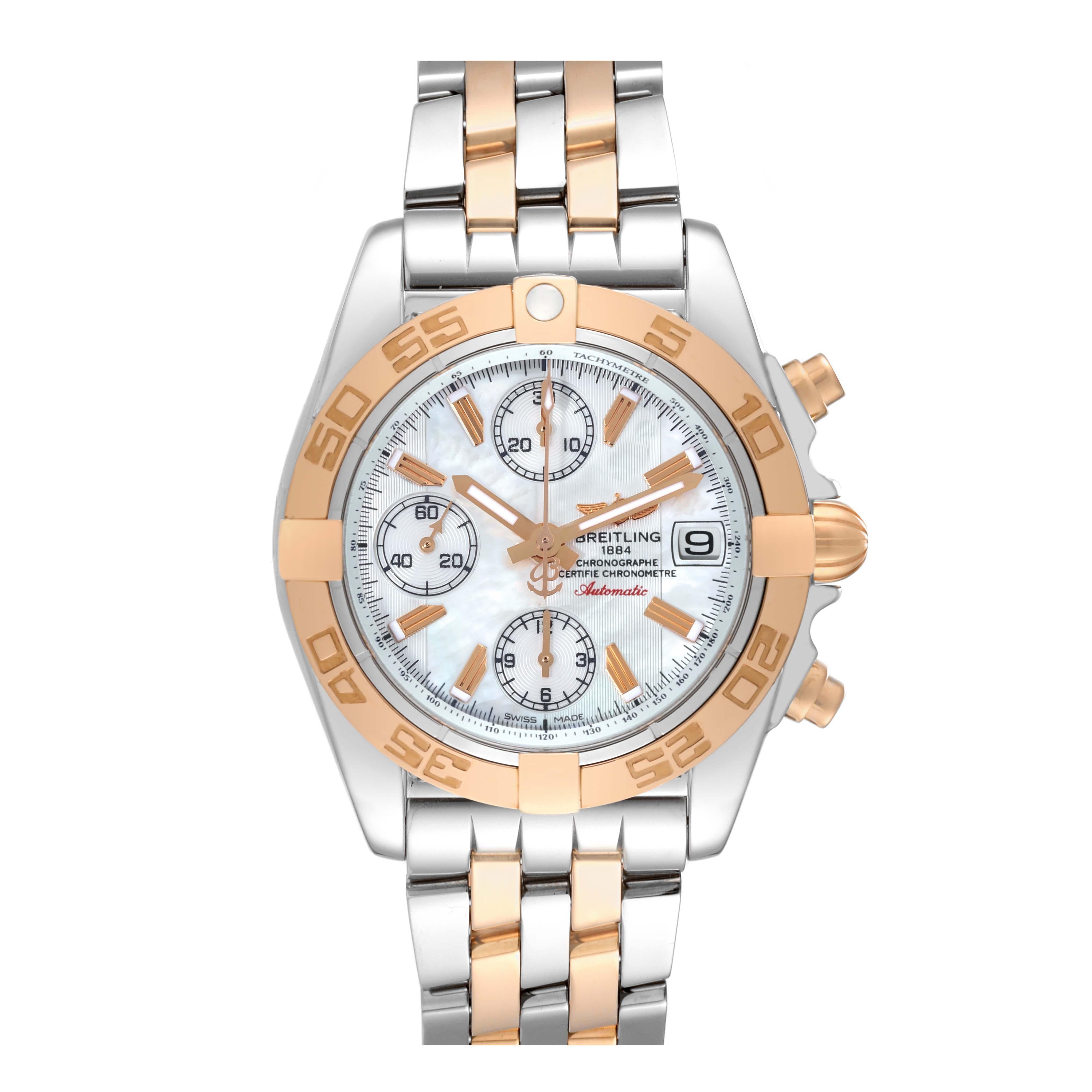 Breitling Chrono Galactic Mother Of Pearl Dial Rose Gold Steel Mens Watch C13358. Automatic self-winding officially certified chronometer movement. Chronograph function. Stainless steel and 18k rose gold case 39.0  mm in diameter. 18k rose gold