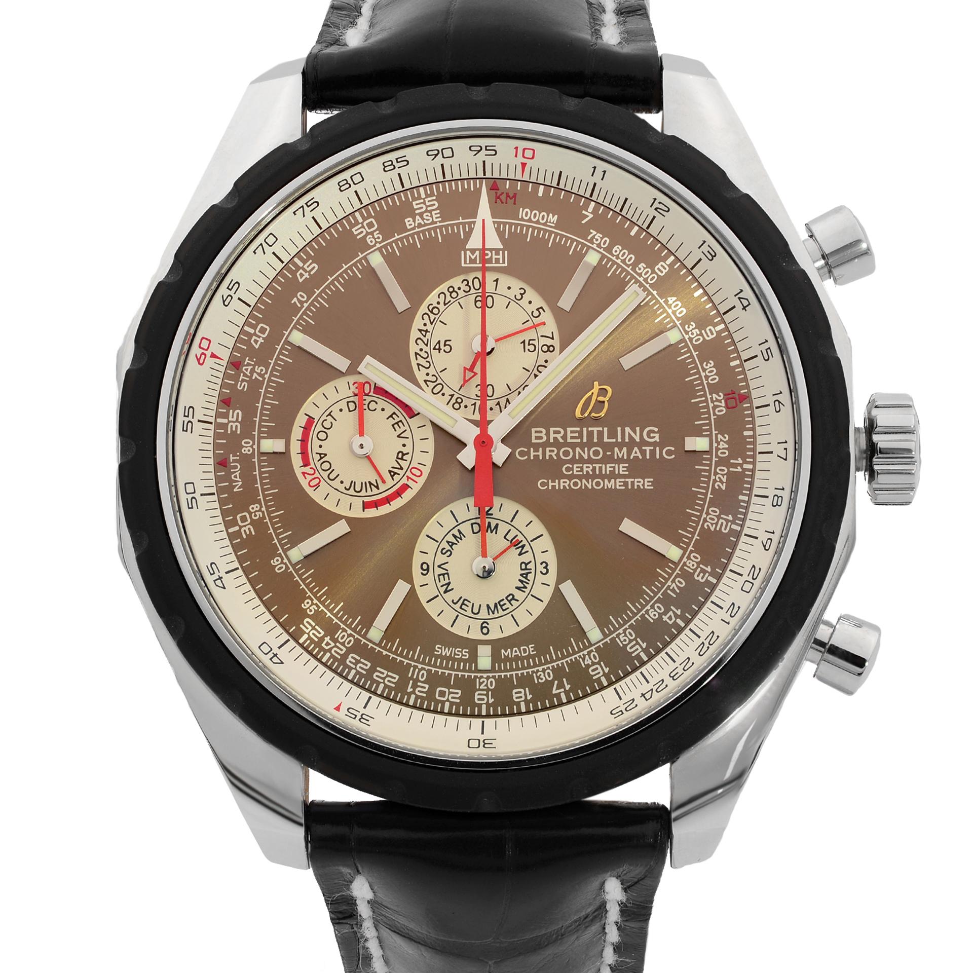 This  Breitling Chrono-Matic A1936002/Q573 is a beautiful men's timepiece that is powered by mechanical (hand-winding) movement which is cased in a stainless steel case. It has a round shape face, chronograph, date indicator, small seconds subdial,