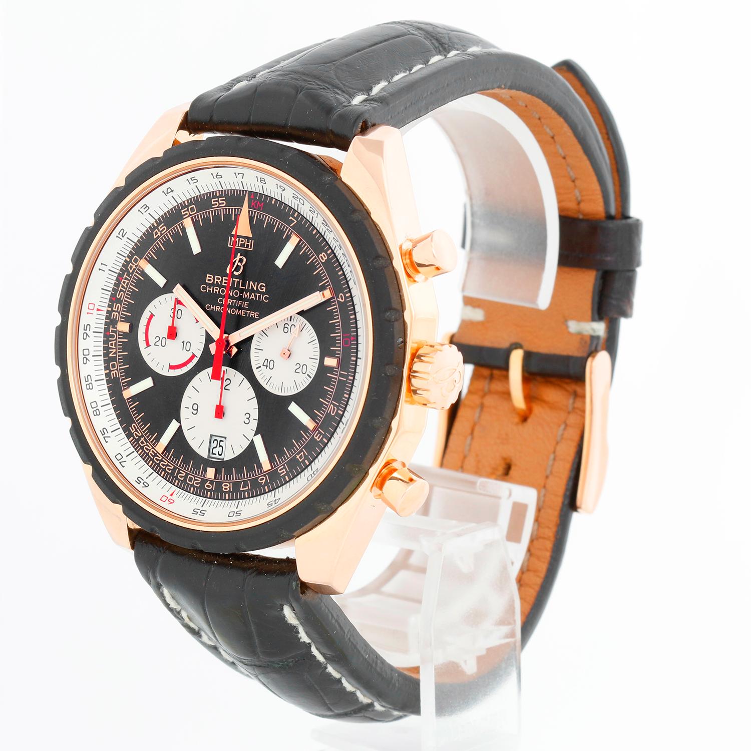 Breitling Chrono-Matic 18K Rose Gold Chronograph Mens Watch R14360 - Automatic winding chronograph. 18K rose gold case with rotatable slide rule bezel for flight calculations ( 49 mm). Black dial with Rose gold hands with rose gold hour markers.