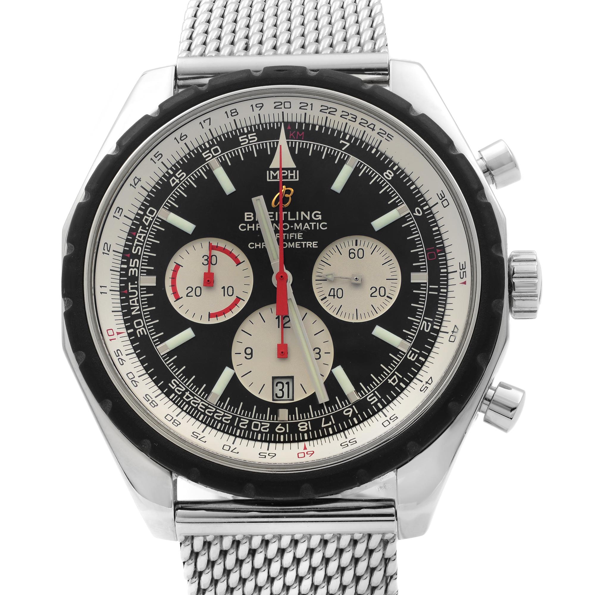 This pre-owned Breitling Chrono-Matic 49 A14360 is a beautiful men's timepiece that is powered by mechanical (automatic) movement which is cased in a stainless steel case. It has a round shape face, chronograph, small seconds subdial, tachymeter