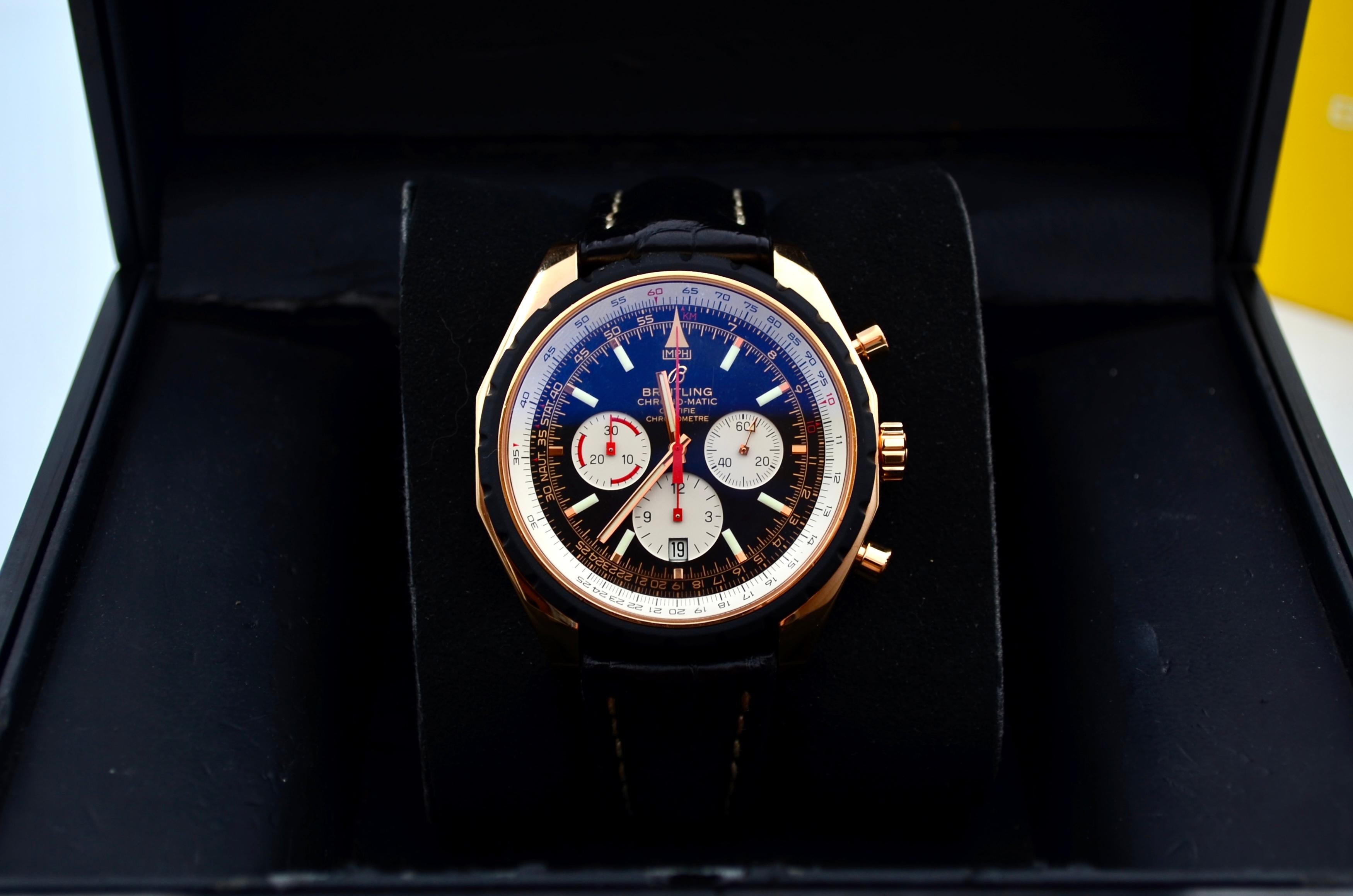 The Breitling Chrono-matic 49mm Navitimer Gold Limited Edition (Reference R1436002) is a distinctive and luxurious wristwatch produced by the Swiss watchmaker Breitling.  This watch features a case made of gold. The use of gold contributes to the