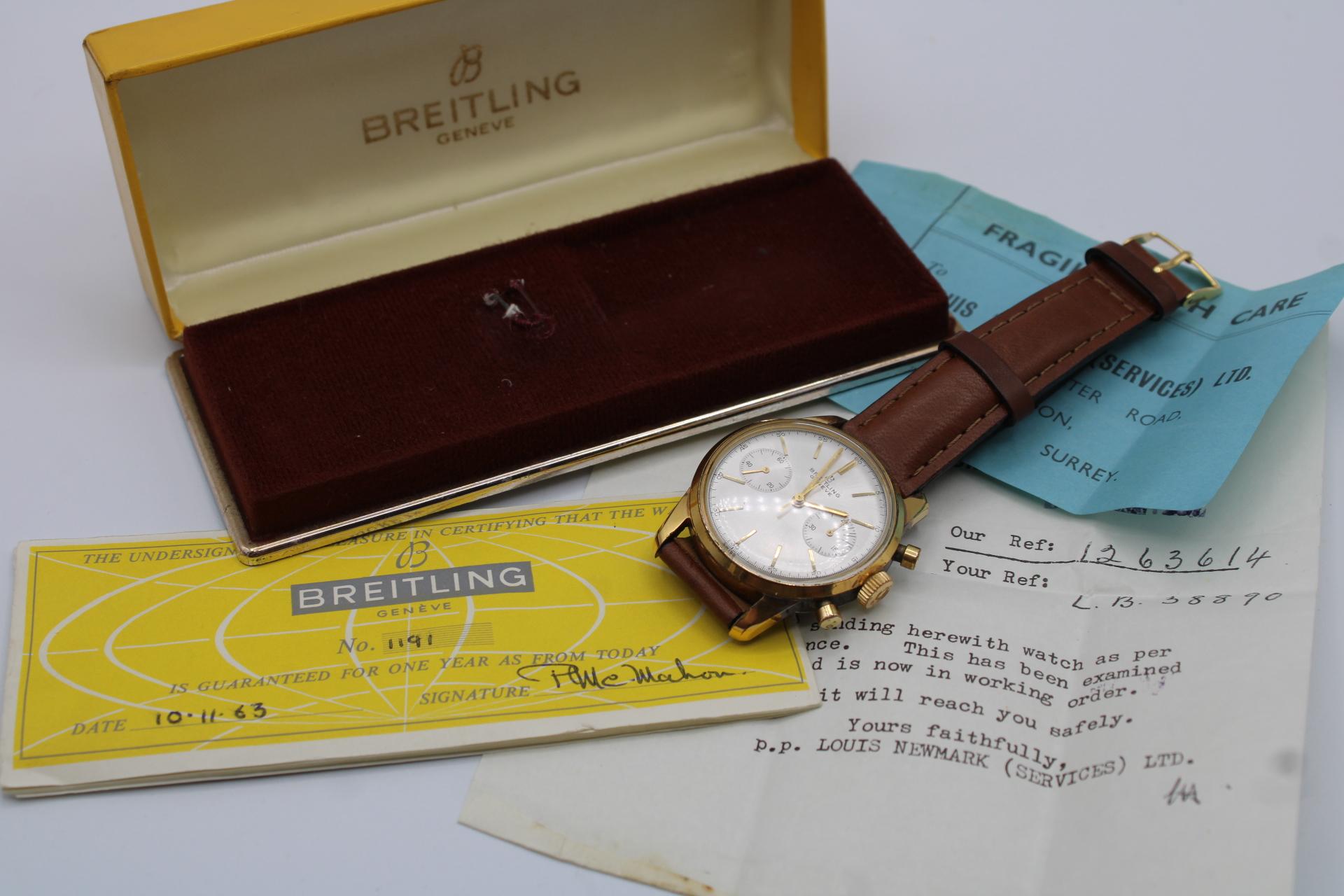 1960s Breitling Chronograph Genève Ref. 1191 – Vintage Manual Wind  Full Set  36mm Gold Plated Case  Silver Dial  Rare Collector’s Piece
An incredibly rare and charming example of a 1960s Breitling Chronograph Genève, model Ref. 1191, offered here