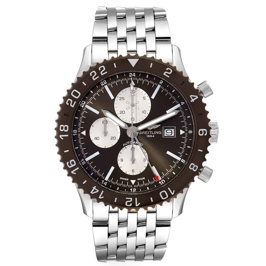Breitling Chronoliner Braunes Zifferblatt Lünette Stahl Herrenuhr Y24310. Automatisches, offiziell zertifiziertes Chronometerwerk mit Selbstaufzug. Chronographen-Funktion. Gehäuse aus rostfreiem Stahl mit einem Durchmesser von 46 mm. Breitling-Logo