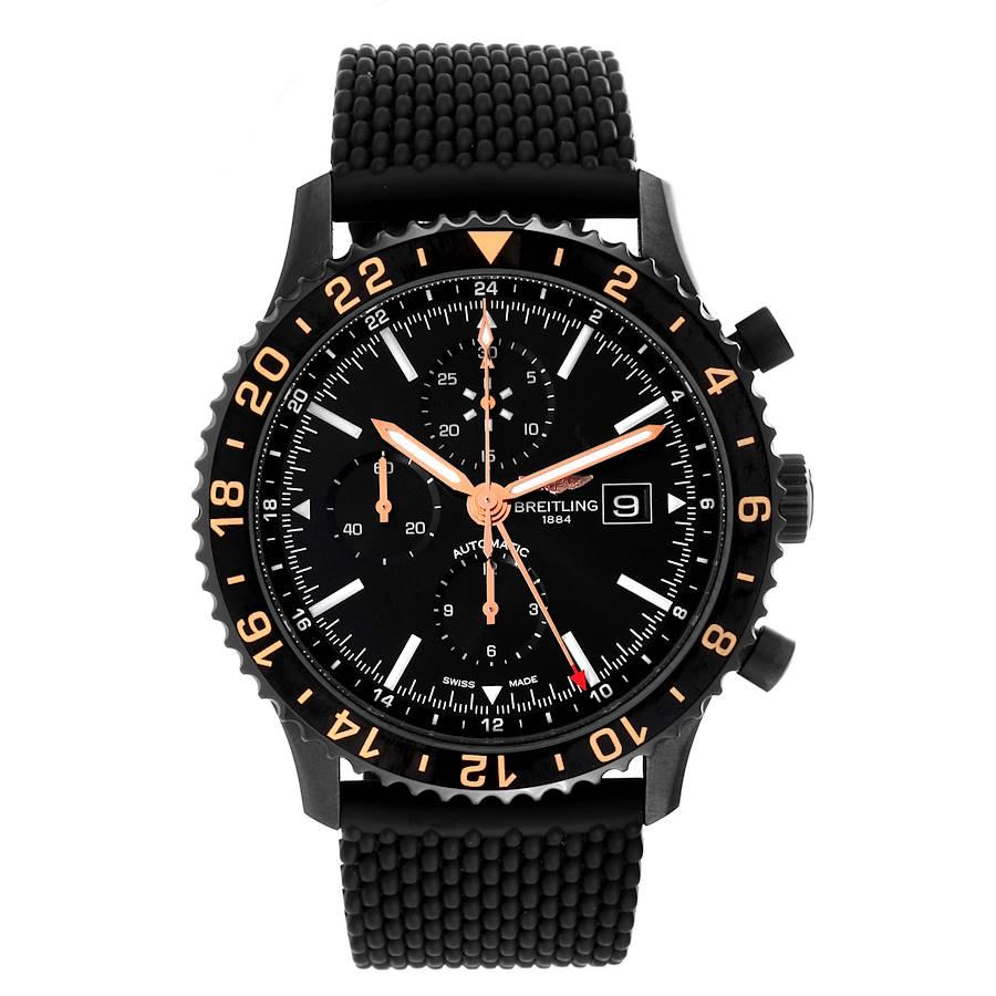 Breitling Chronoliner Las Vegas Edition Blacksteel Mens Watch M24310 Box Card. Automatic self-winding officially certified chronometer movement with chronograph and GMT functions. Black DLC stainless steel case 46 mm in diameter. Breitling logo on
