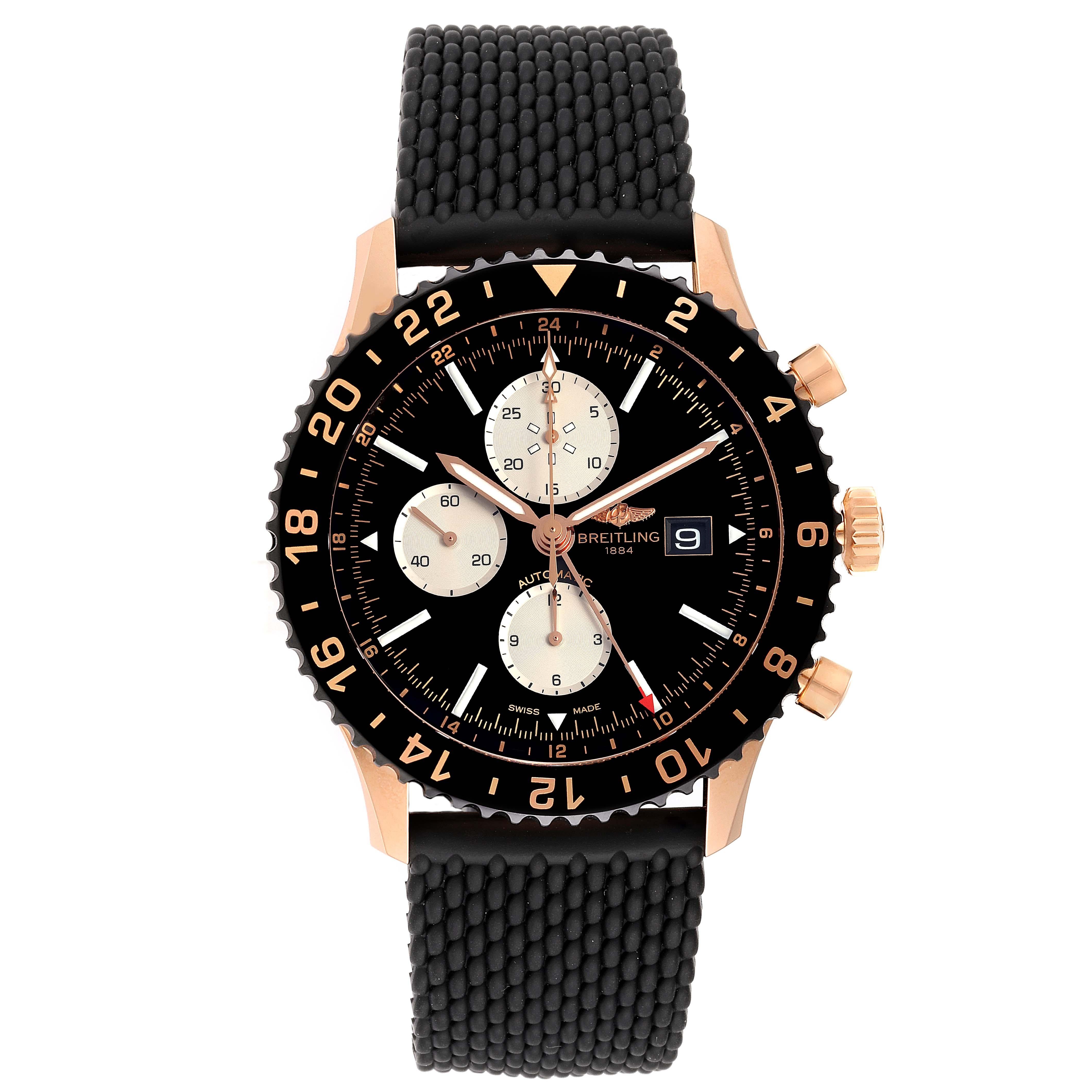 Breitling Chronoliner Limited Red Gold Mens Watch R24312 Box Papers. Self-winding automatic officially certified chronometer movement. Chronograph function. 18K rose gold case 46 mm in diameter. Screwed-down crown and pushers. 18K rose gold