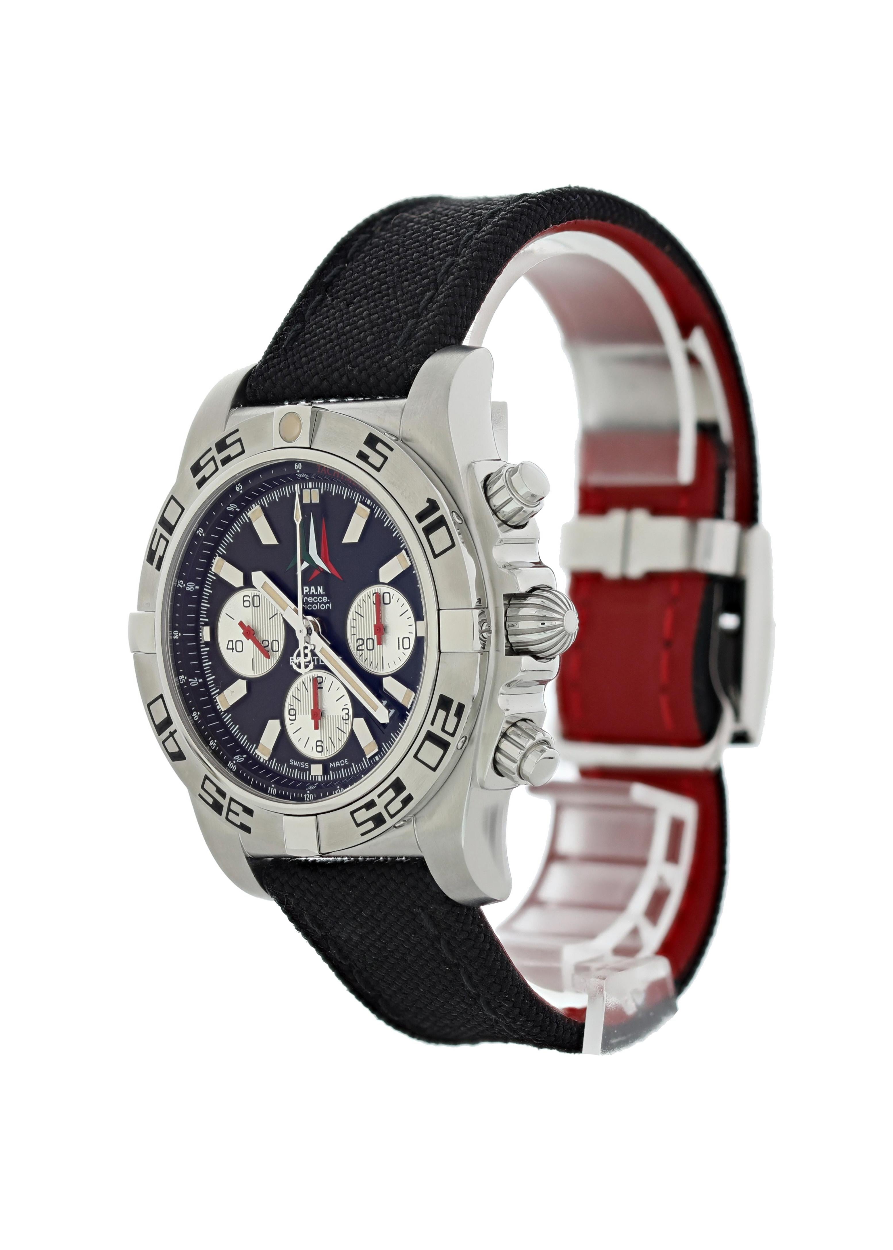 Breitling Chronomat 01 AB0110 P.A.N Frecce Tricolore Mens Watch Box Papers. 44mm Stainless steel case. Stainless steel unidirectional rotating bezel with black numbers. Black dial with Luminous steel hands and hour markers.Three subdials displaying