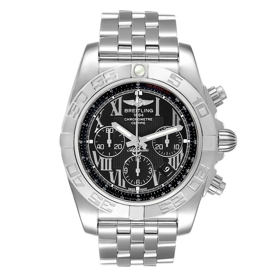 Breitling Chronomat 01 Black Dial Chronograph Steel Mens Watch AB0110. Self-winding automatic officially certified chronometer movement. Chronograph function. Stainless steel case 43.5 mm in diameter with screwed down crown and pushers. Stainless