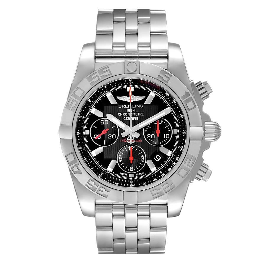 Breitling Chronomat 01 Black Dial Steel Limited Mens Watch AB0111 Box Papers. Self-winding automatic officially certified chronometer movement. Chronograph function. Stainless steel case 43.5 mm in diameter with screwed down crown and pushers.