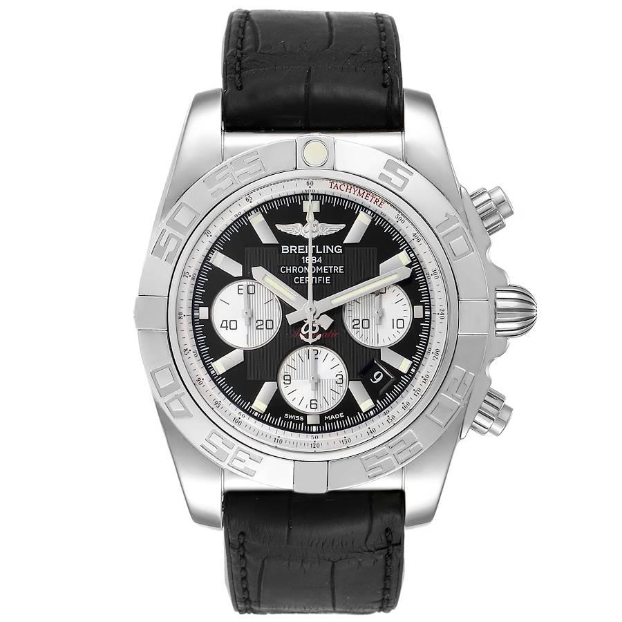 Breitling Chronomat 01 Black Dial Steel Mens Watch AB0110 Box Papers. Self-winding automatic officially certified chronometer movement. Chronograph function. Stainless steel case 43.5 mm in diameter with screwed down crown and pushers. Stainless