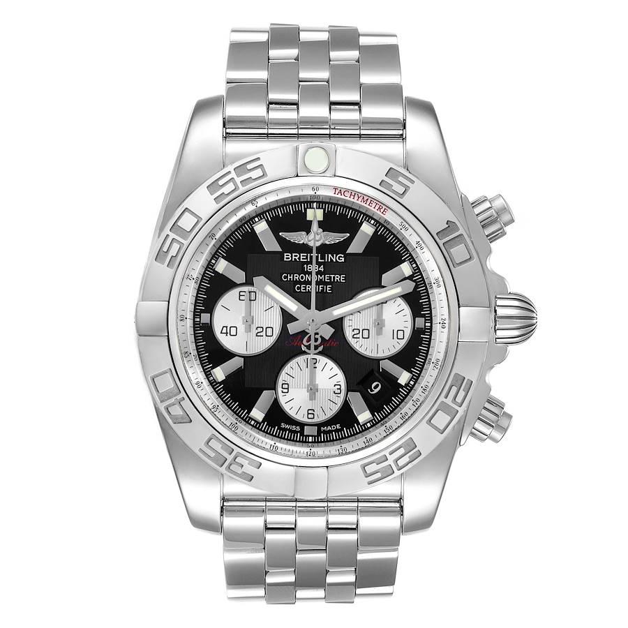 Breitling Chronomat 01 Black Dial Steel Mens Watch AB0110. Self-winding automatic officially certified chronometer movement. Chronograph function. Stainless steel case 43.5 mm in diameter with screwed down crown and pushers. Stainless steel