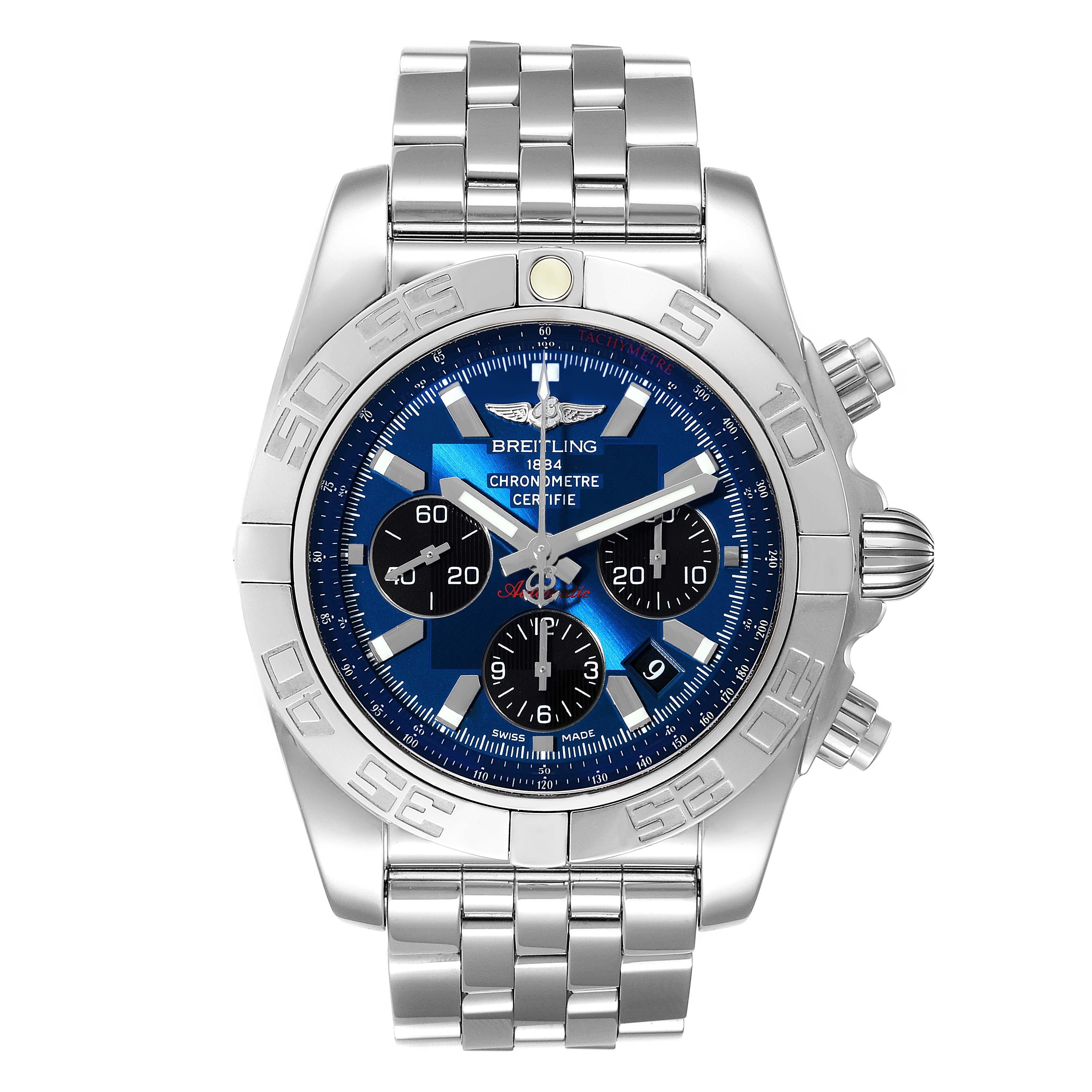 Breitling Chronomat 01 Blue Dial Steel Mens Watch AB0110 Box Papers. Self-winding automatic officially certified chronometer movement. Chronograph function. Stainless steel case 43.5 mm in diameter with screwed down crown and pushers. Stainless