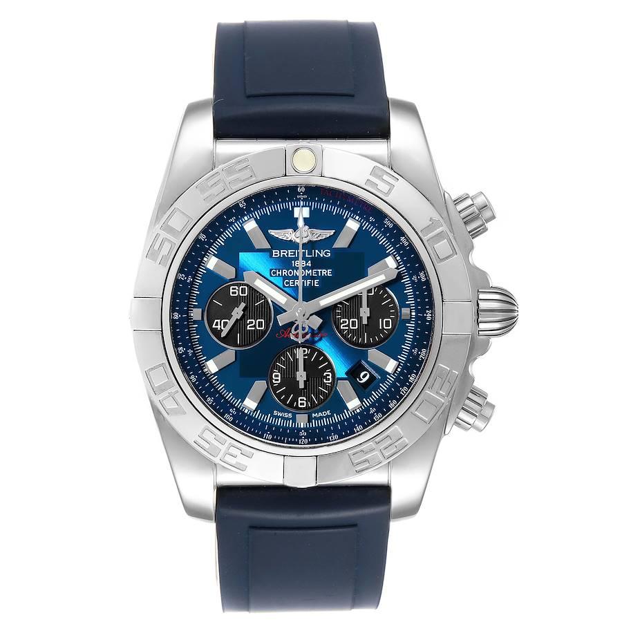 Breitling Chronomat 01 Blue Dial Steel Mens Watch AB0110 Box Papers. Self-winding automatic officially certified chronometer movement. Chronograph function. Stainless steel case 43.5 mm in diameter with screwed down crown and pushers. Stainless