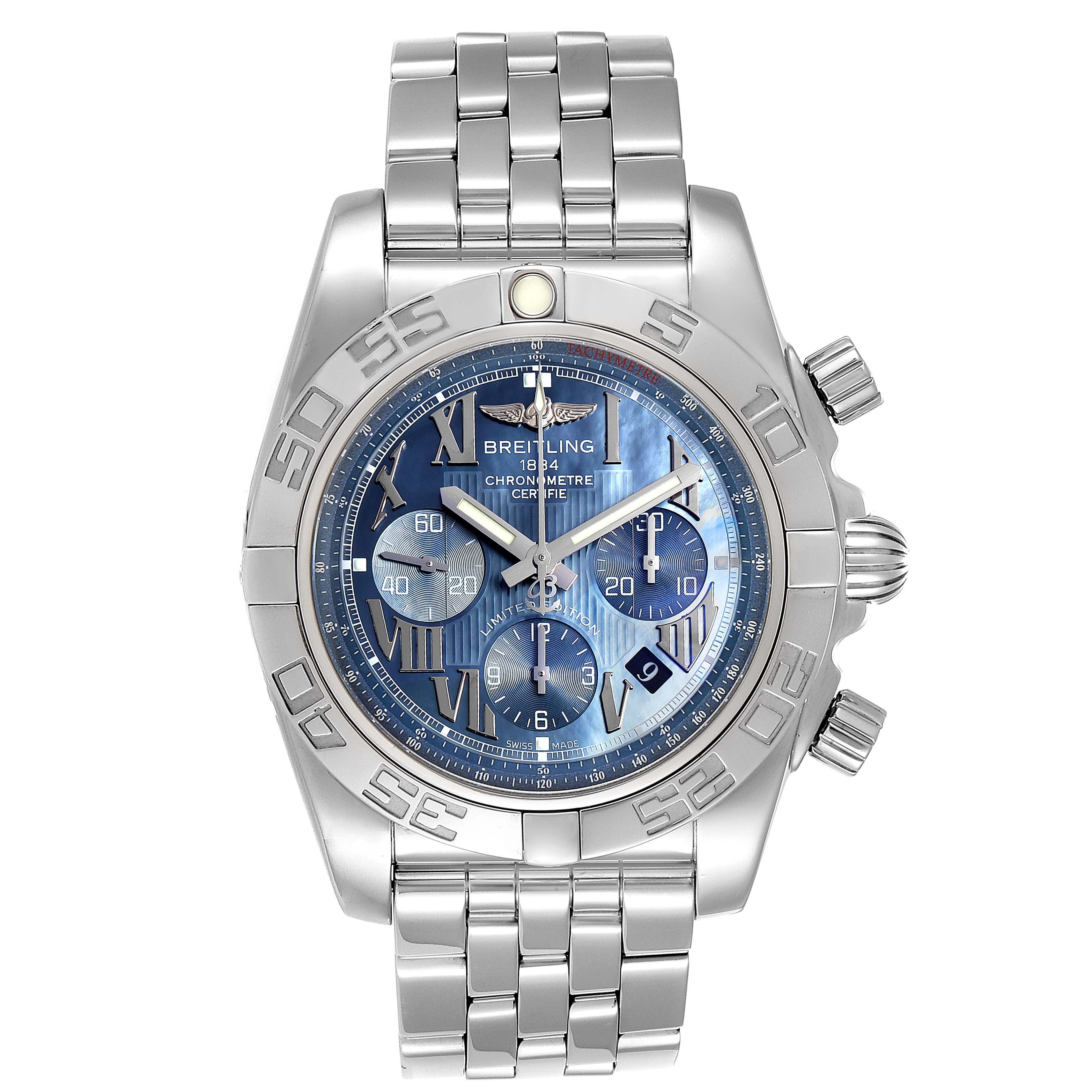 Breitling Chronomat 01 Blue MOP Dial Steel Mens Watch AB0110 Box Papers. Self-winding automatic officially certified chronometer movement. Chronograph function. Stainless steel case 43.5 mm in diameter with screwed down crown and pushers. Stainless