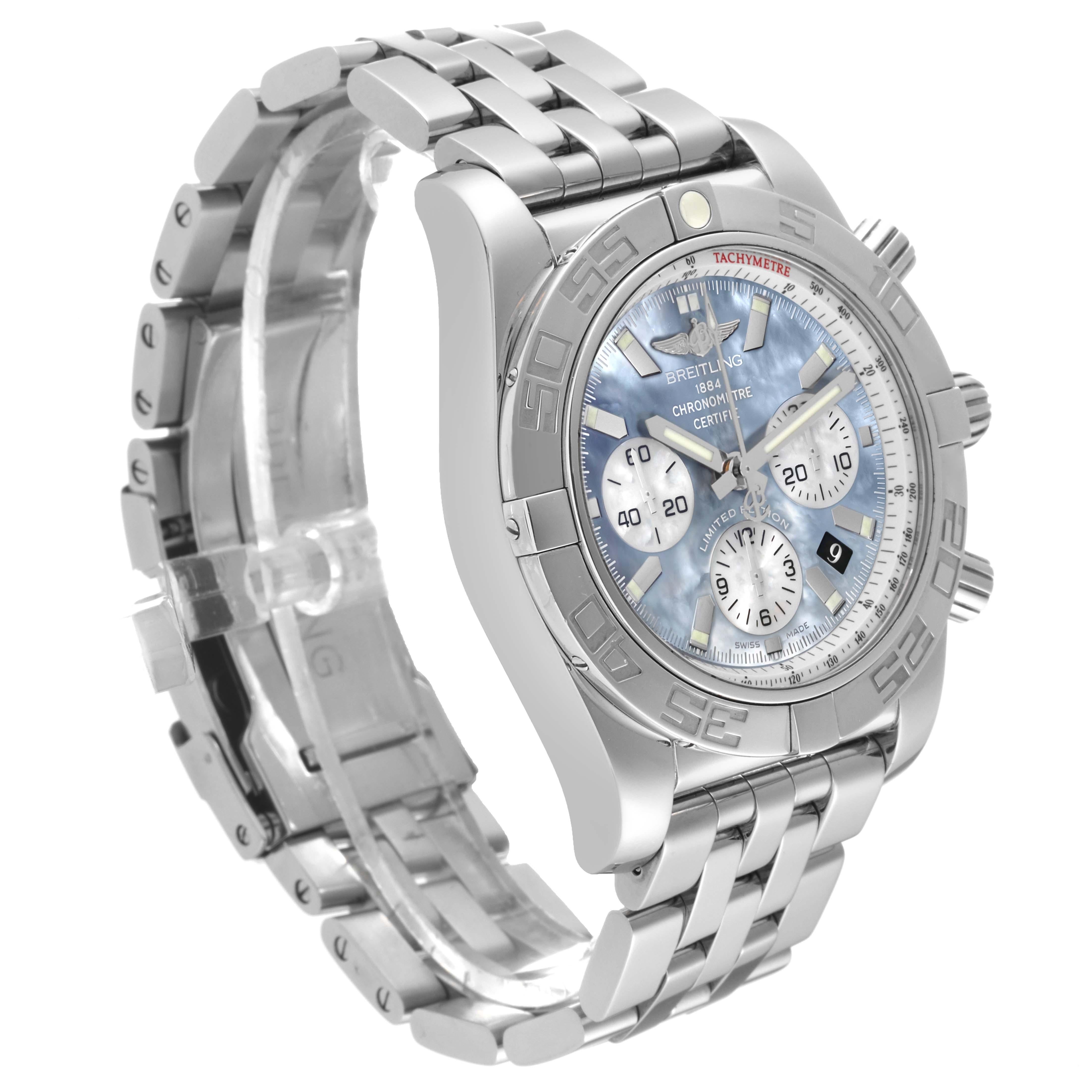 Men's Breitling Chronomat 01 Blue Mother of Pearl Steel Mens Watch AB0110 Box Card For Sale