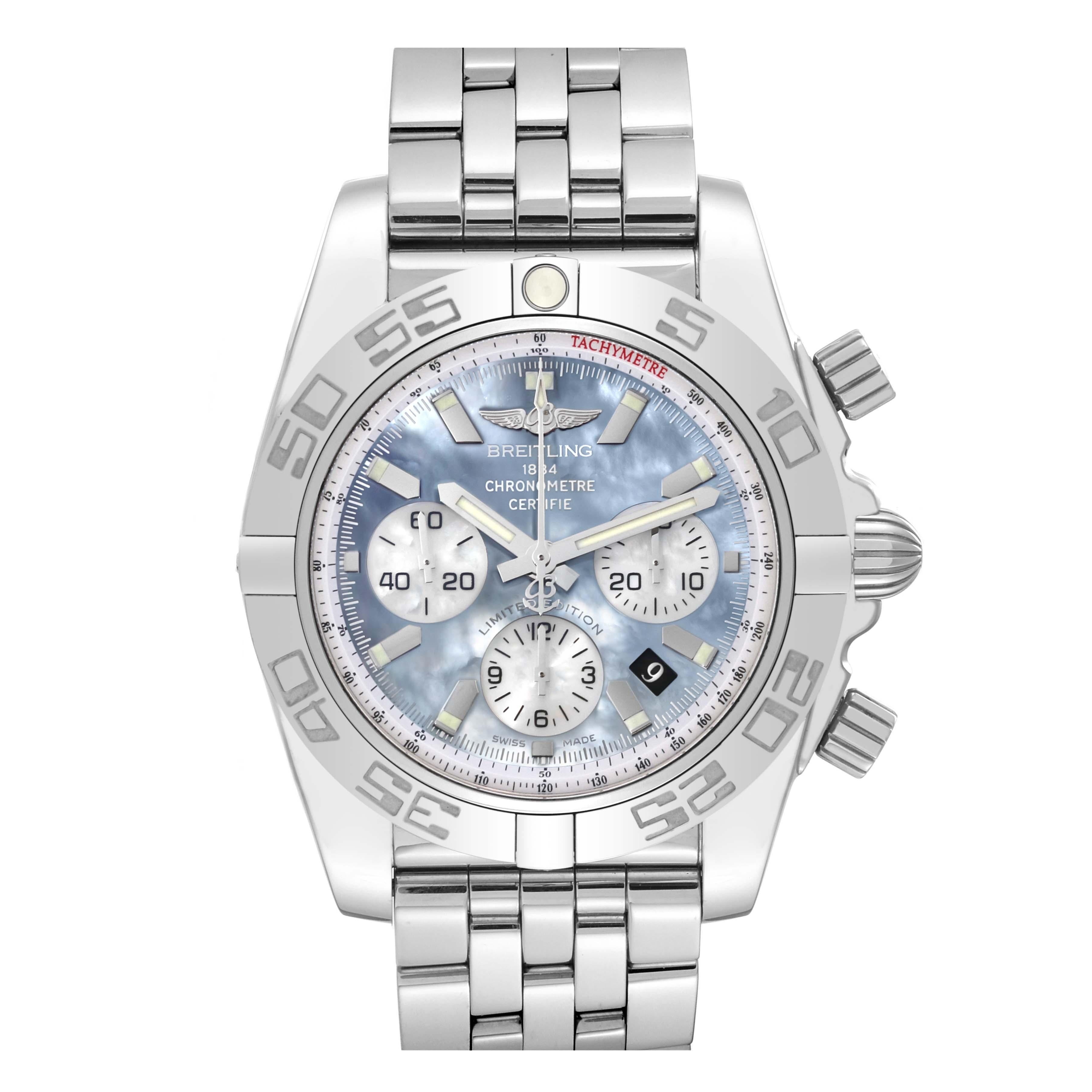 Breitling Chronomat 01 Blue Mother of Pearl Steel Mens Watch AB0110 Box Card For Sale 1