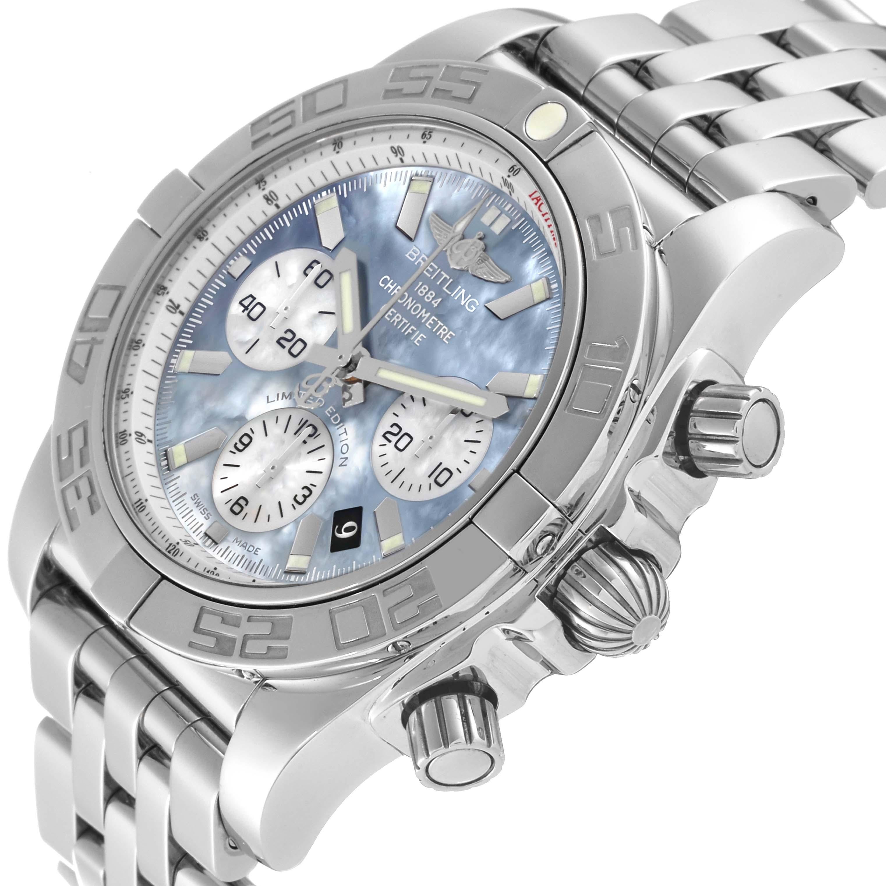 Breitling Chronomat 01 Blue Mother of Pearl Steel Mens Watch AB0110 Box Card For Sale 3