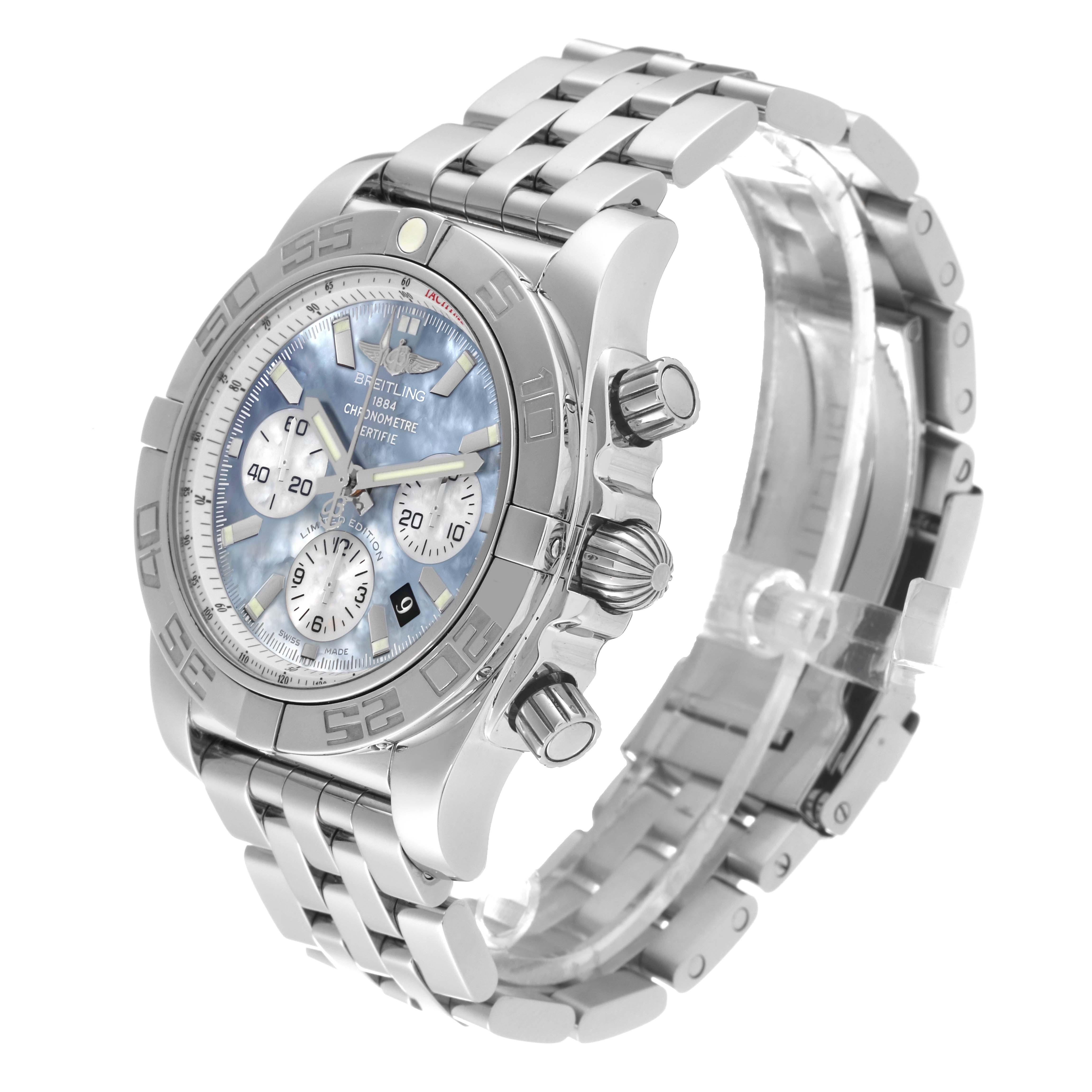 Breitling Chronomat 01 Blue Mother of Pearl Steel Mens Watch AB0110 Box Card For Sale 5