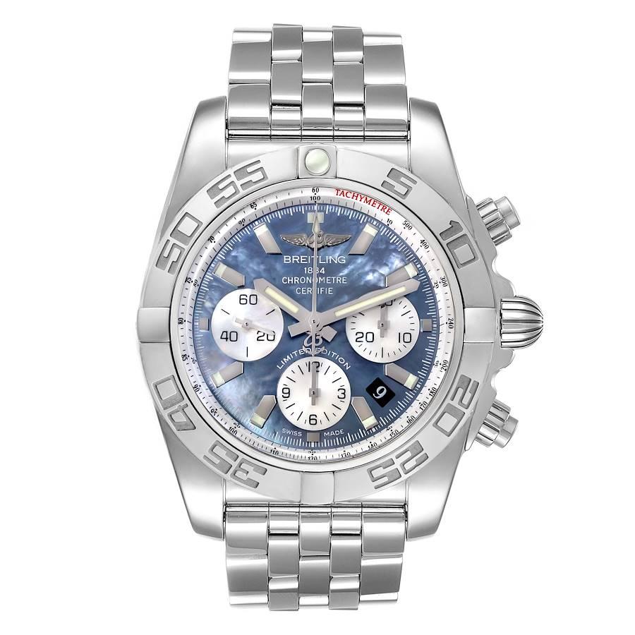 Breitling Chronomat 01 Blue Mother of Pearl Steel Mens Watch AB0110 Box Papers. Automatic self-winding officially certified chronometer movement. Chronograph function. Stainless steel case 43.5 mm in diameter with screwed down crown and pushers.