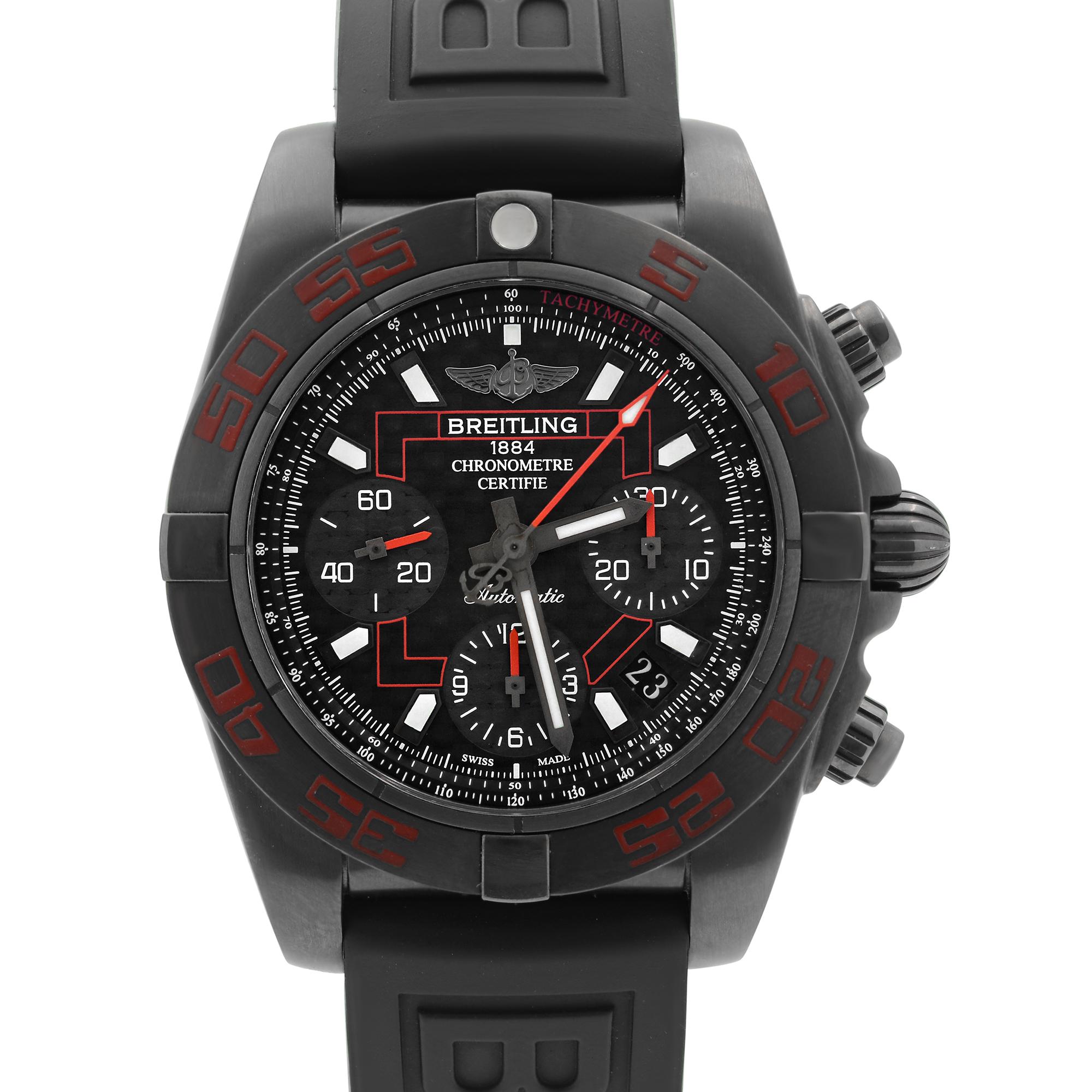 Pre Owned Breitling Chronomat 01 Japan PVD Steel Limited Edition Men's Watch MB0141B8/BD57-151S. Limited to 300 Watches.  This Beautiful Timepiece Features: Black PVD Coated Stainless Steel Case with a Black Rubber Strap Uni-Directional Black Steel