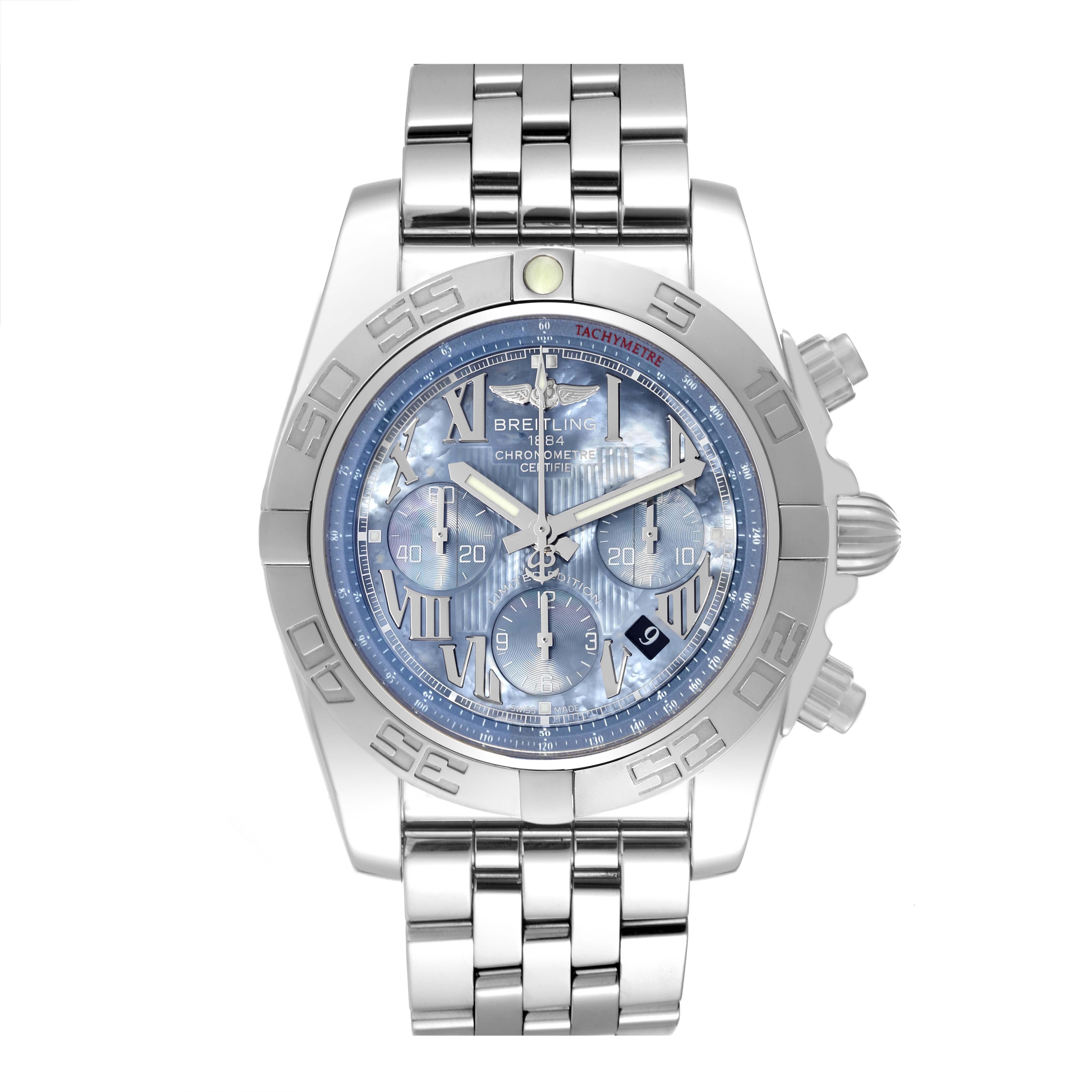 Breitling Chronomat 01 Limited Edition Blue MOP Dial Steel Mens Watch AB0110. Self-winding automatic officially certified chronometer movement. Chronograph function. Stainless steel case 43.5 mm in diameter with screwed down crown and pushers.
