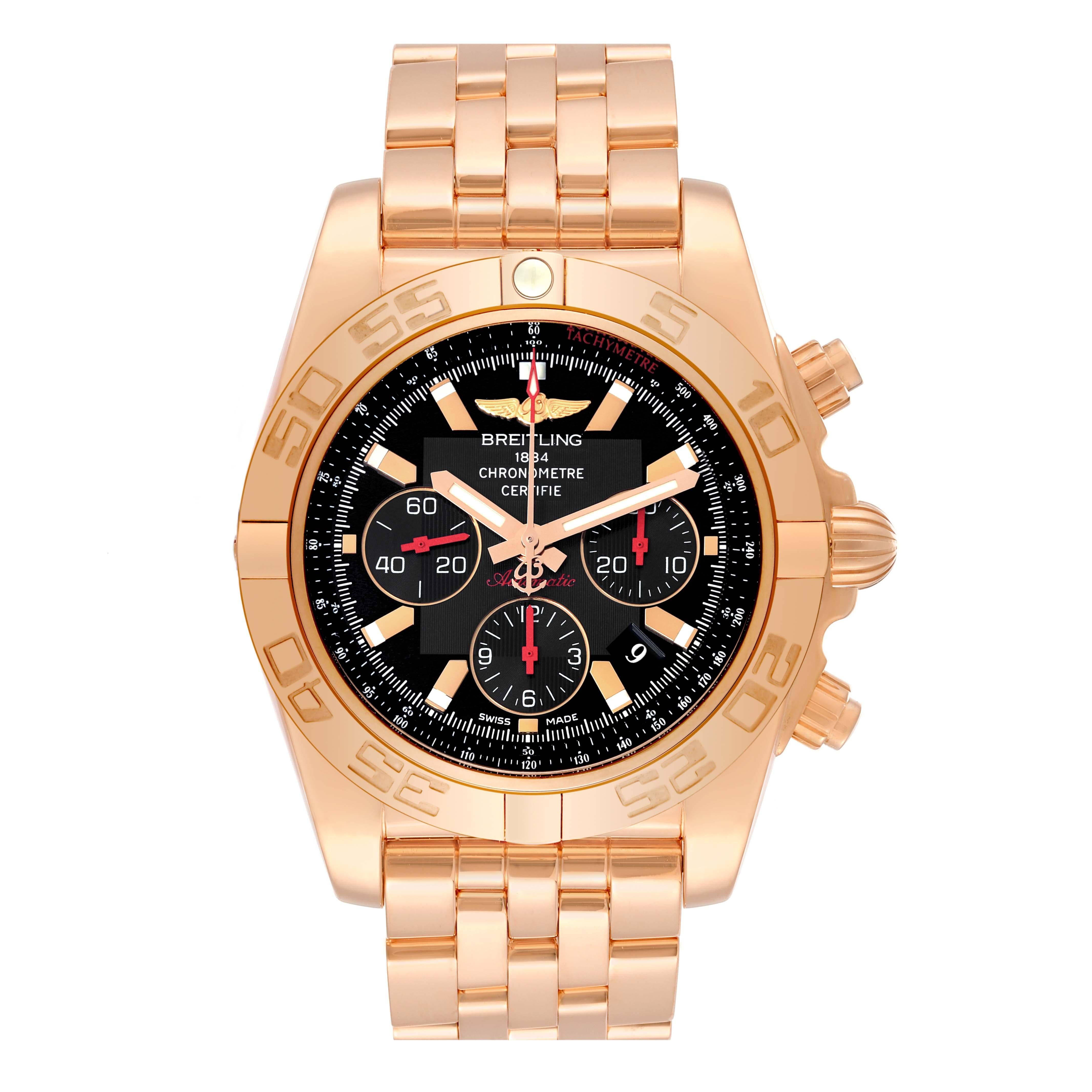 Breitling Chronomat 01 Limited Edition Rose Gold Mens Watch HB0111 Box Papers. Self-winding automatic officially certified chronometer movement. Chronograph function. 18k rose gold case 43.5 mm in diameter with screwed down crown and pushers. 18k