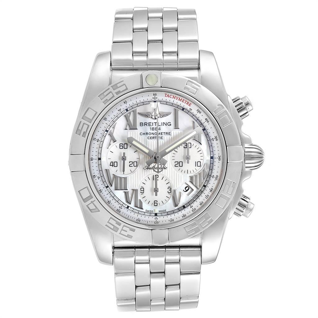 Breitling Chronomat 01 MOP Dial Steel Mens Watch AB0110 Box. Self-winding automatic officially certified chronometer movement. Chronograph function. Stainless steel case 43.5 mm in diameter with screwed down crown and pushers. Stainless steel