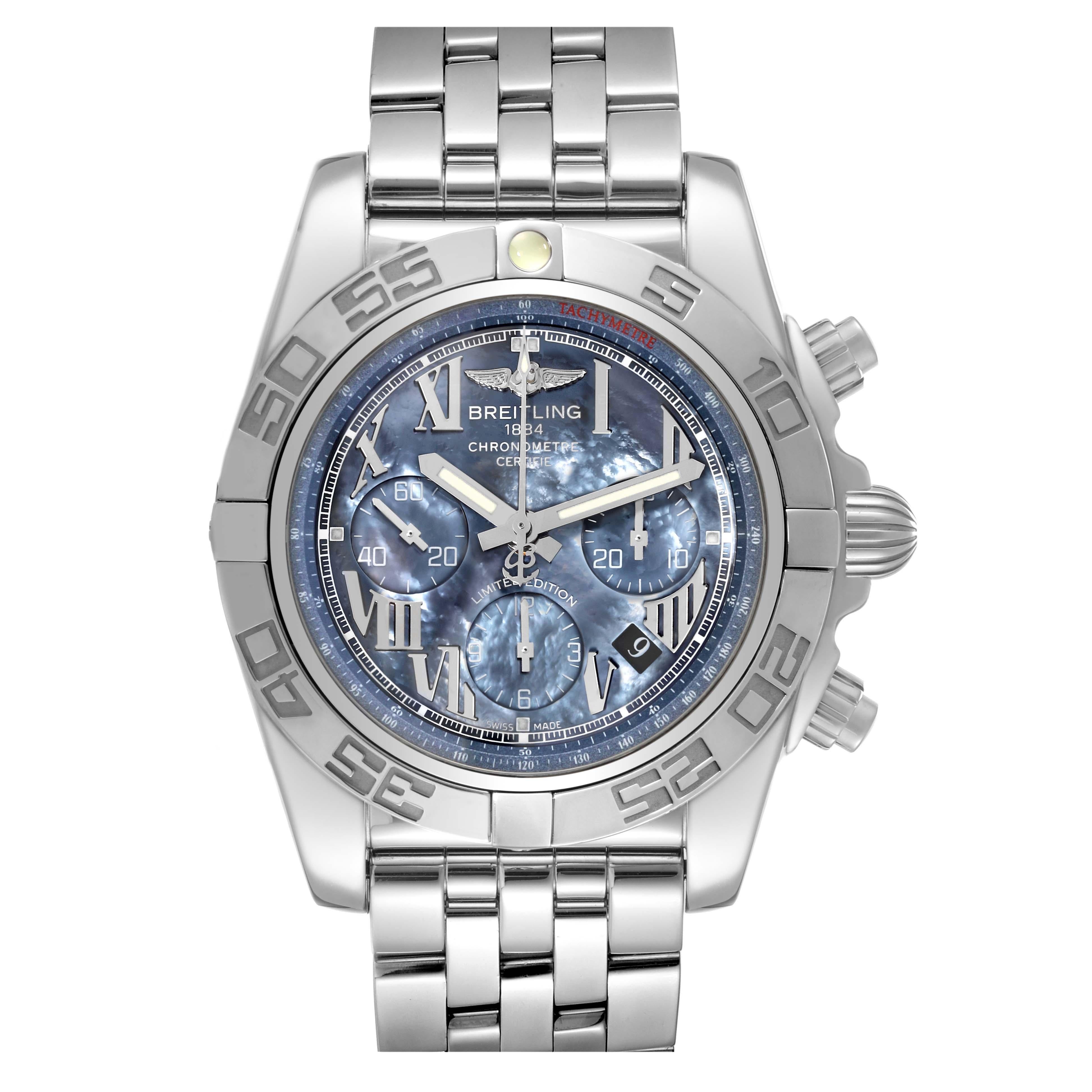 Breitling Chronomat 01 Mother of Pearl Steel LE Mens Watch AB0111 Box Card. Self-winding automatic officially certified chronometer movement. Chronograph function. Stainless steel case 43.5 mm in diameter with screwed down crown and pushers.