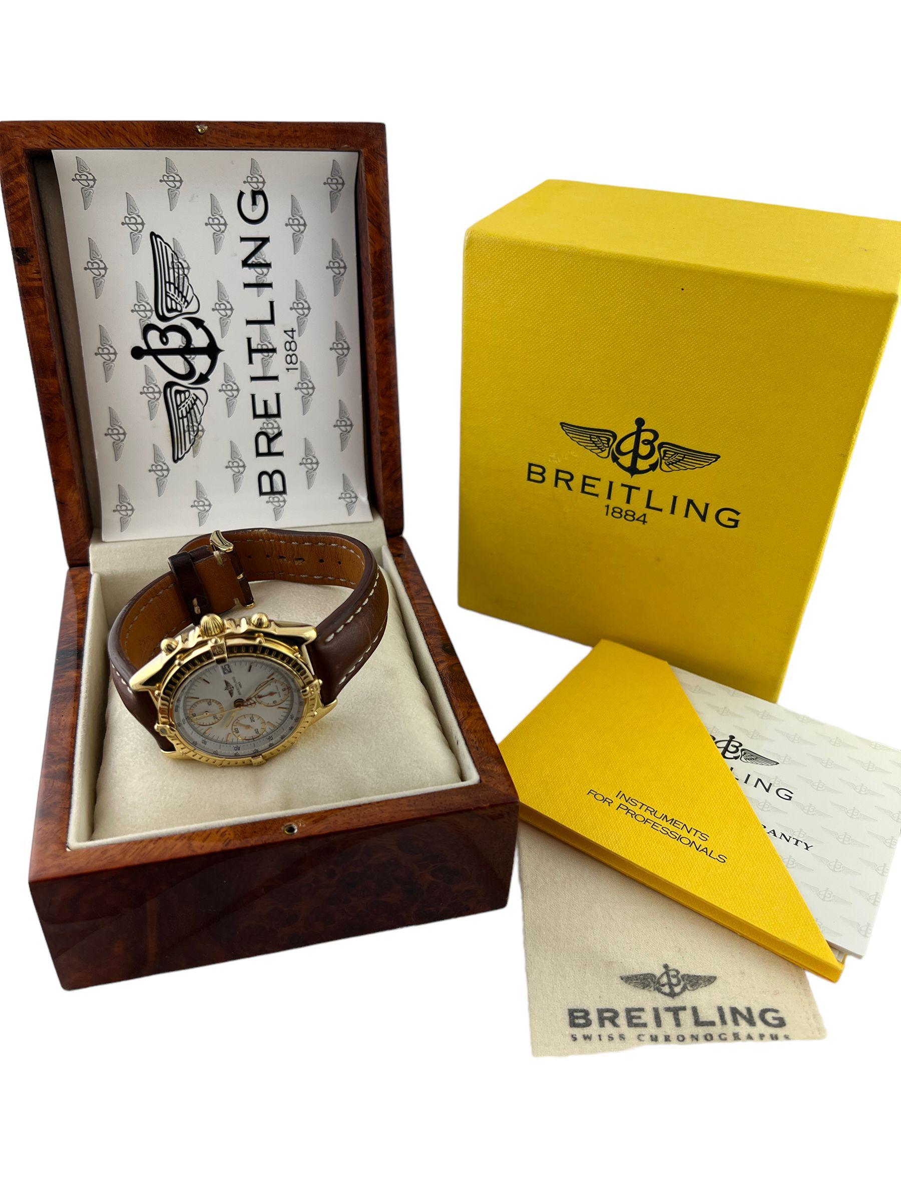 Breitling Chronomat 18k Yellow Gold Men's Watch Leather Band K13047X In Good Condition In Washington Depot, CT