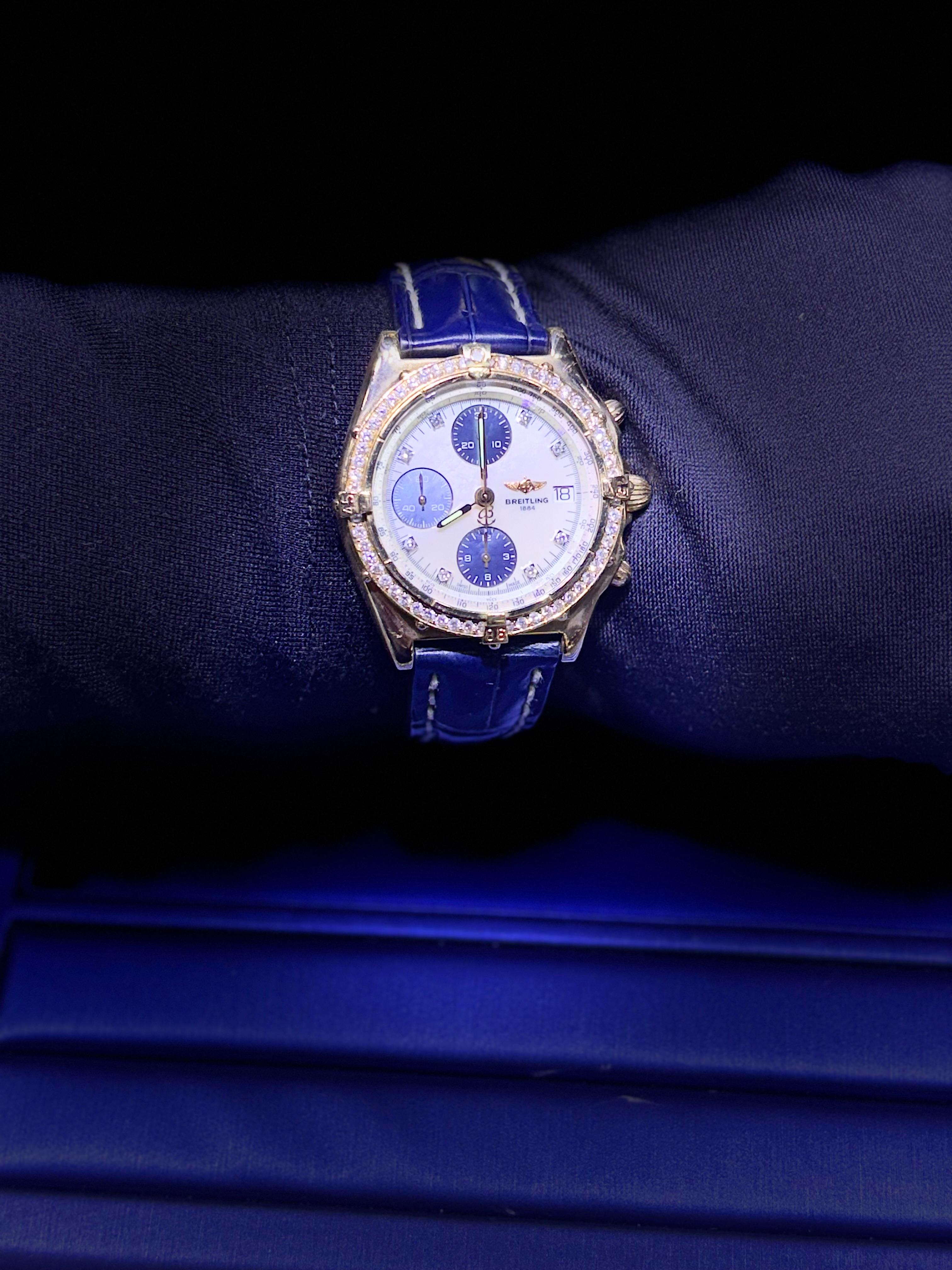 Breitling Chronomat 18k Yellow Gold Mother of Pearl Dial and Diamond Bezel Watch For Sale 4