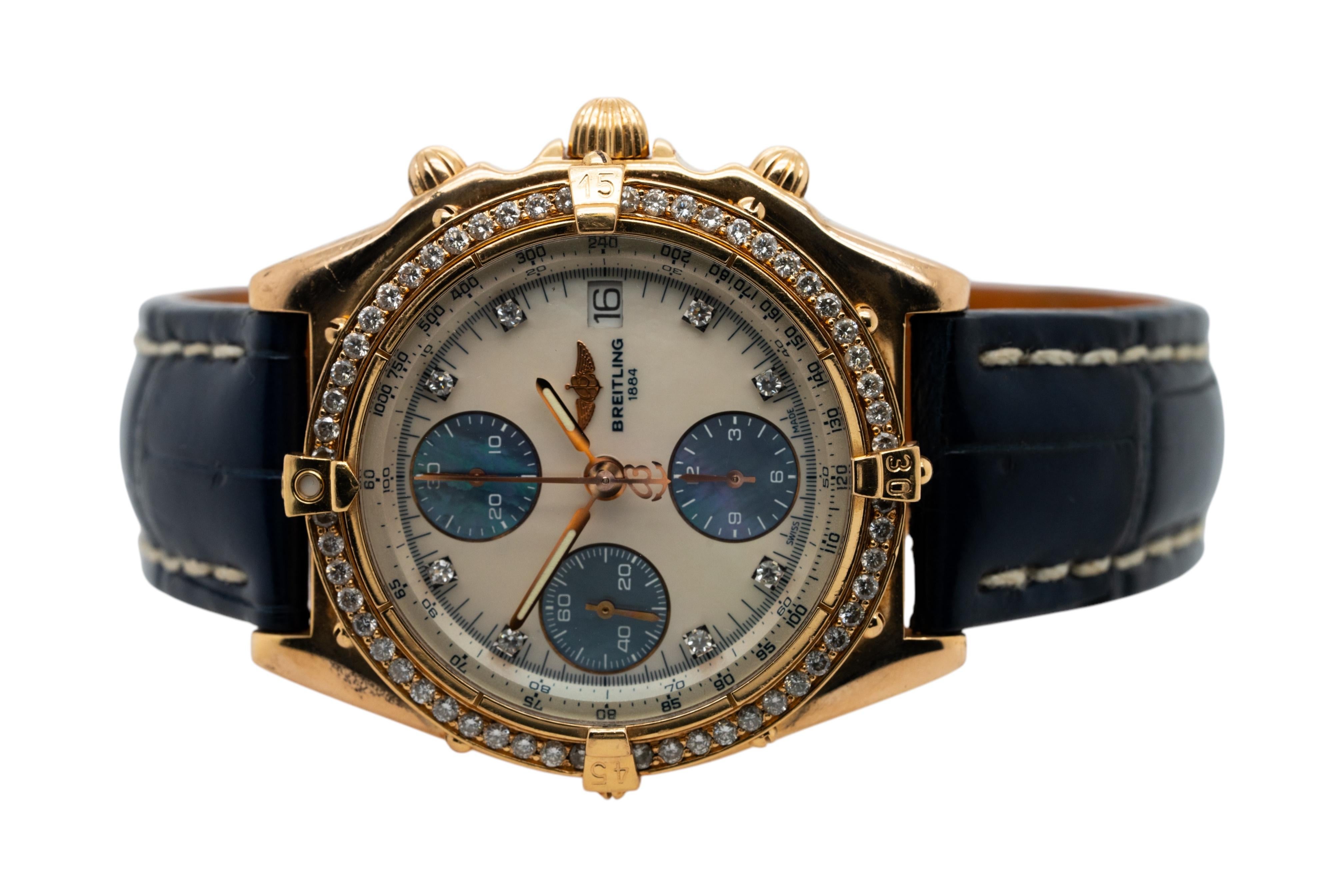 Aesthetic Movement Breitling Chronomat 18k Yellow Gold Mother of Pearl Dial and Diamond Bezel Watch For Sale