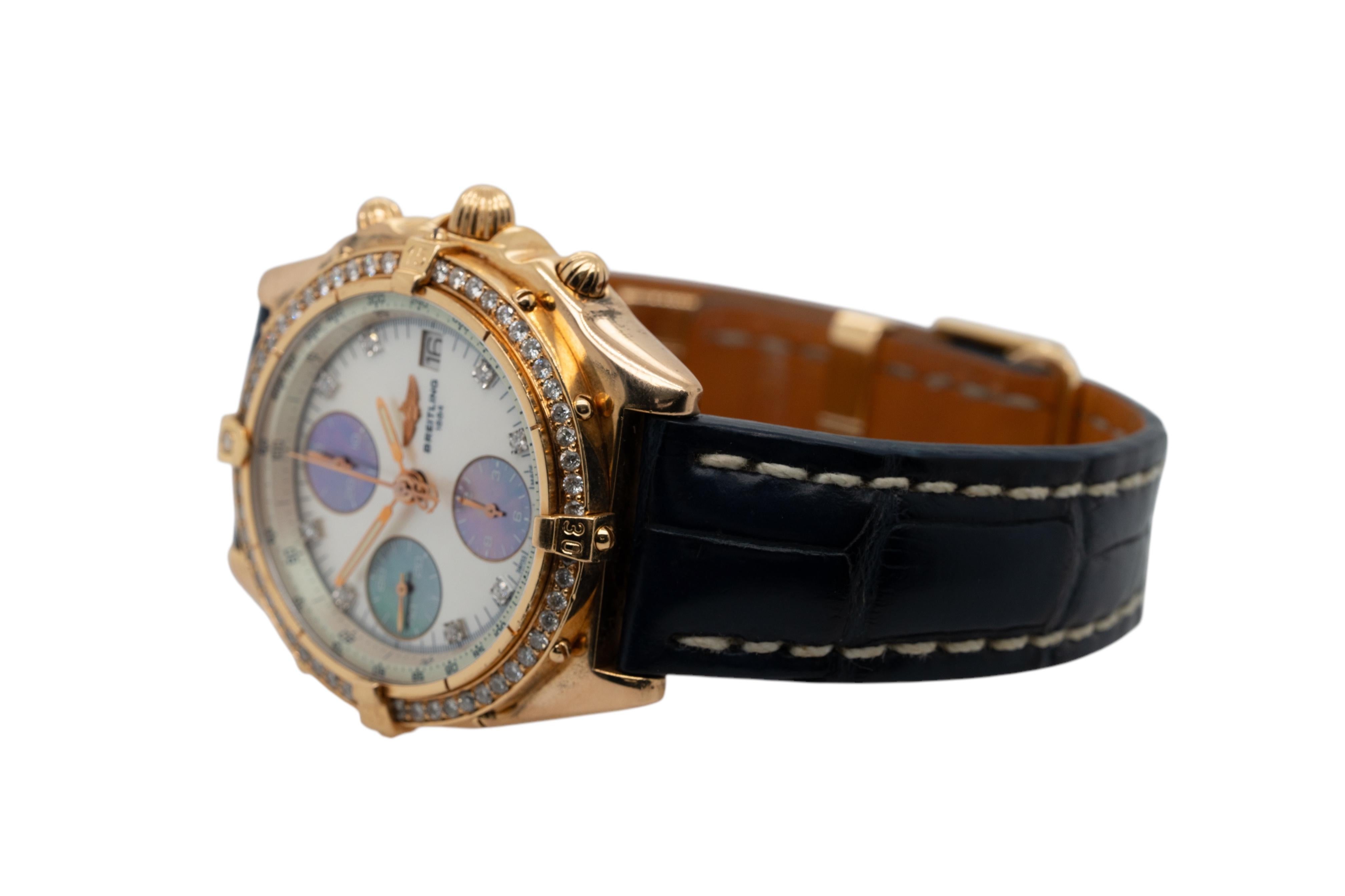 Round Cut Breitling Chronomat 18k Yellow Gold Mother of Pearl Dial and Diamond Bezel Watch For Sale