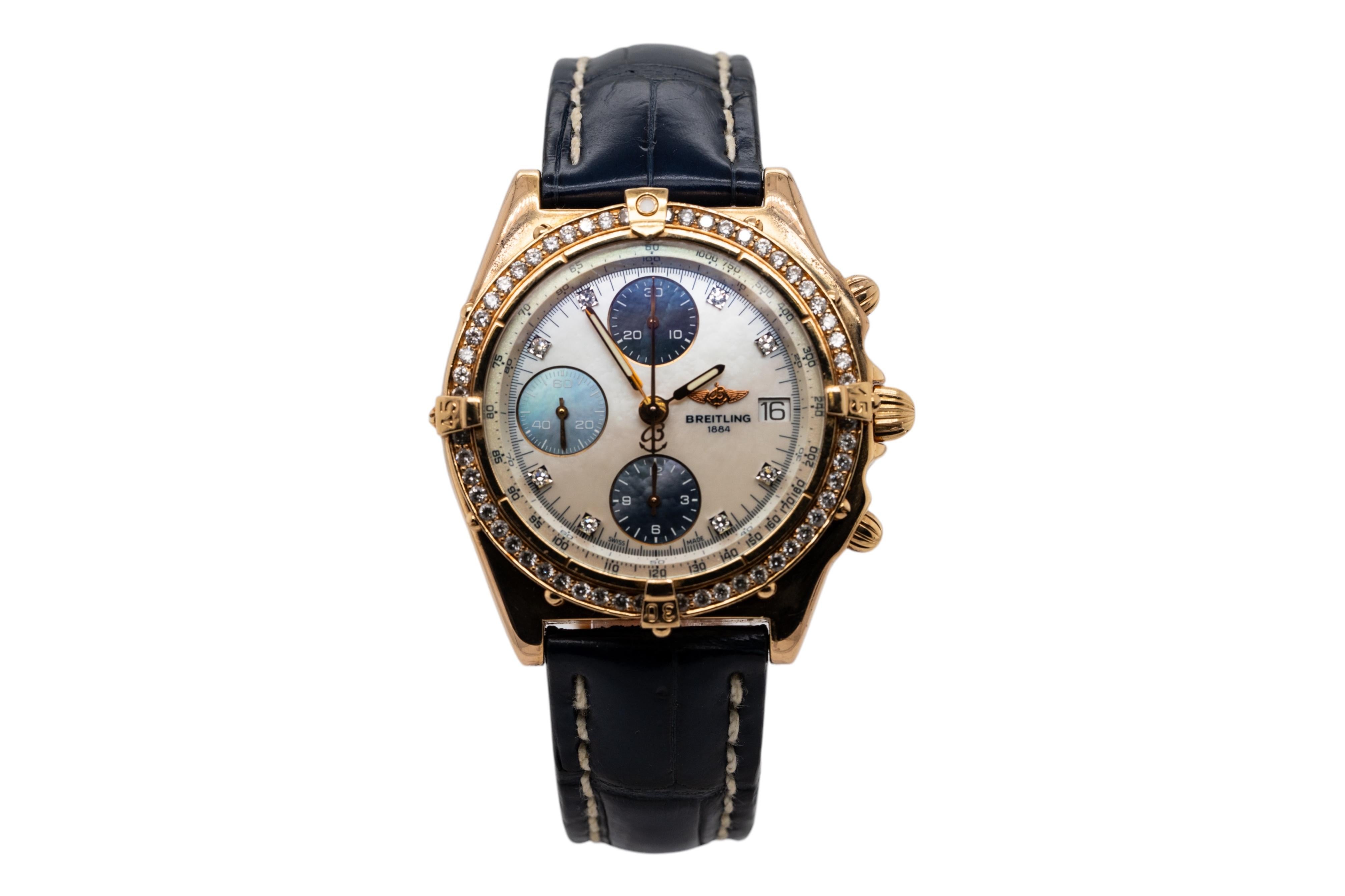 Breitling Chronomat 18k Yellow Gold Mother of Pearl Dial and Diamond Bezel Watch For Sale 1