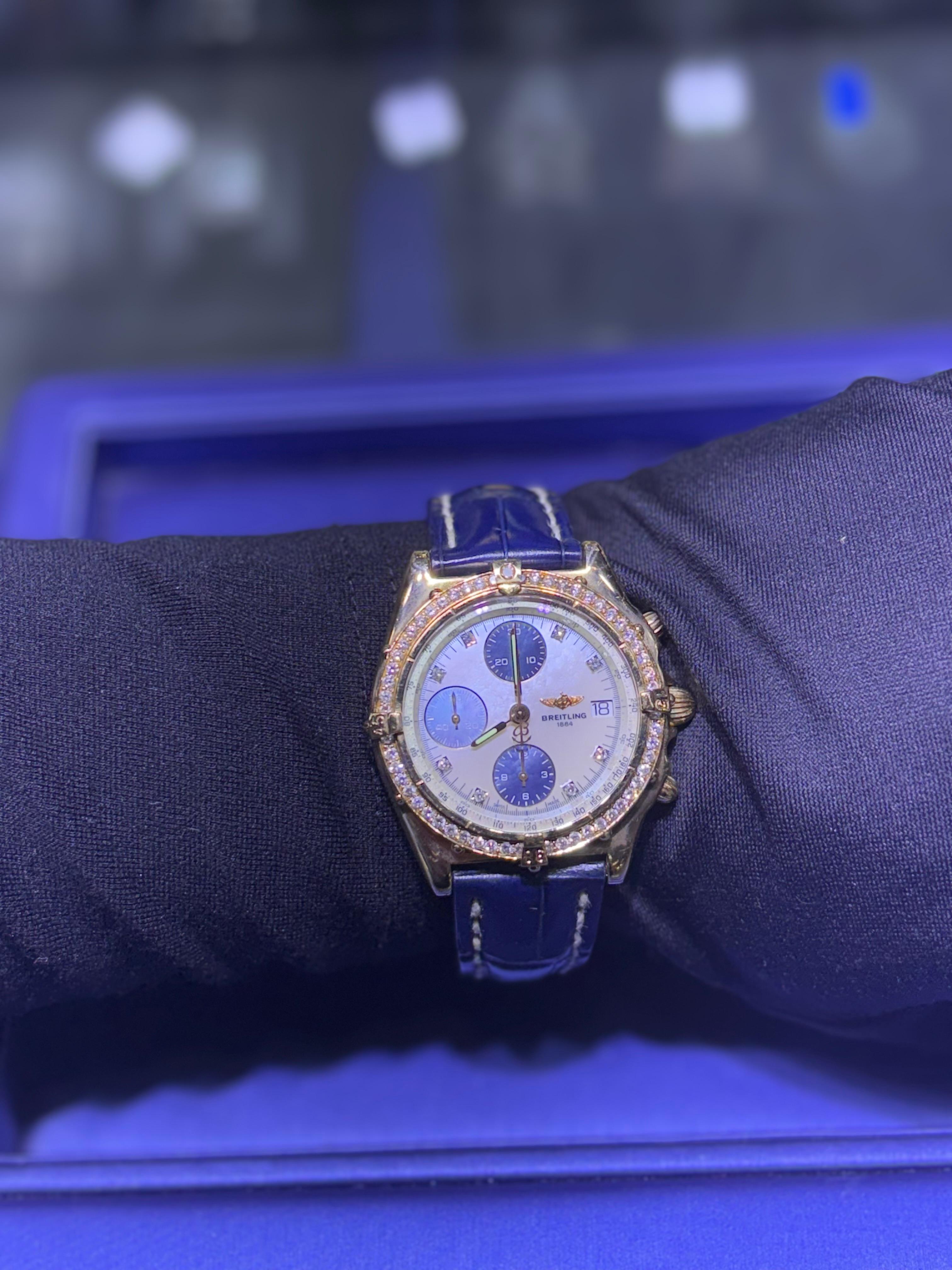 Breitling Chronomat 18k Yellow Gold Mother of Pearl Dial and Diamond Bezel Watch For Sale 2