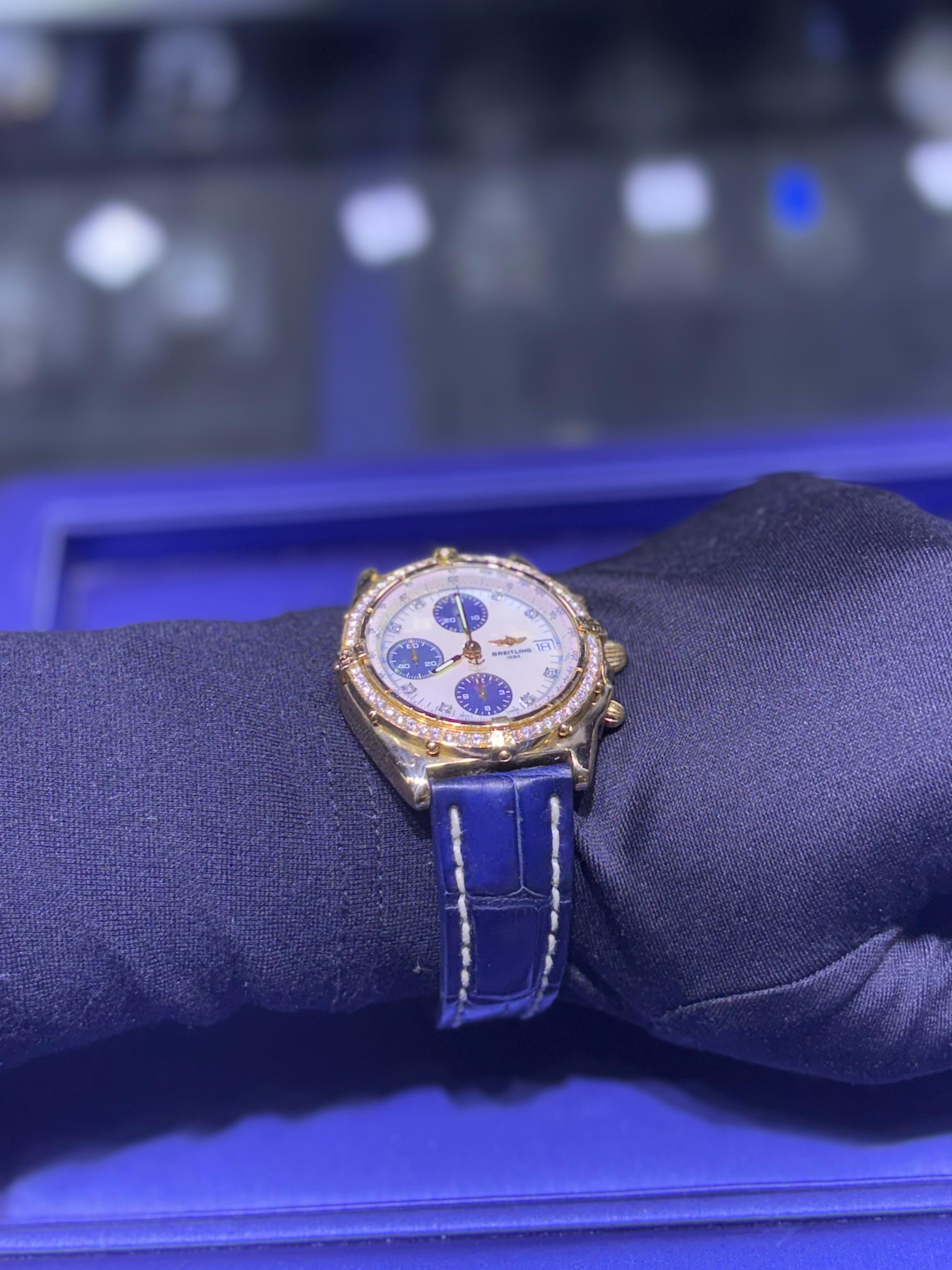 Breitling Chronomat 18k Yellow Gold Mother of Pearl Dial and Diamond Bezel Watch For Sale 3