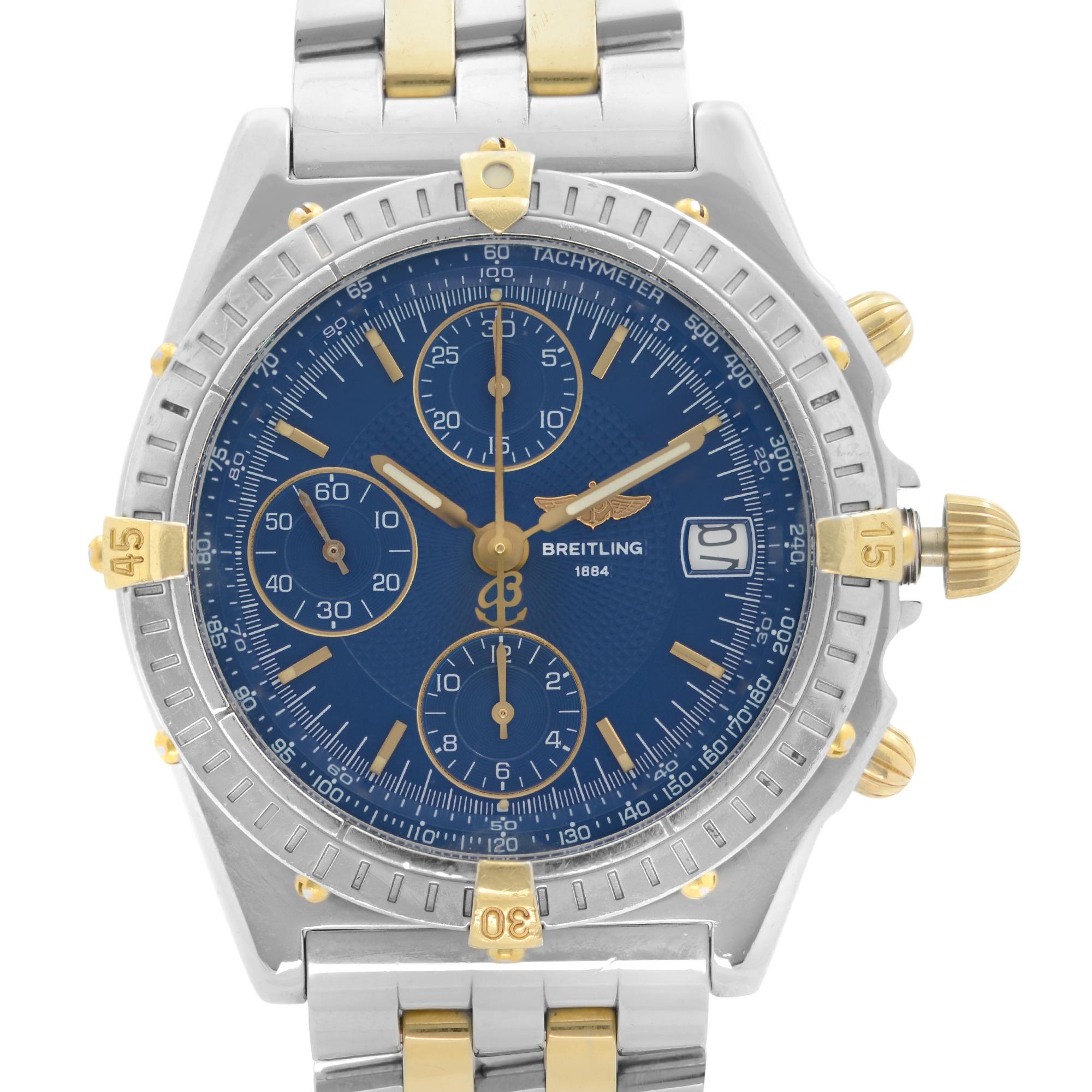 Pre-owned Breitling Chronomat 18k Yellow Gold Steel Blue Dial Automatic Men's Watch B13050.1. The Watch Case Shows Minor Dinges on the Sides. No Original Box and Papers are Included. Comes with Chronostore Presentation Box and Authenticity Card.