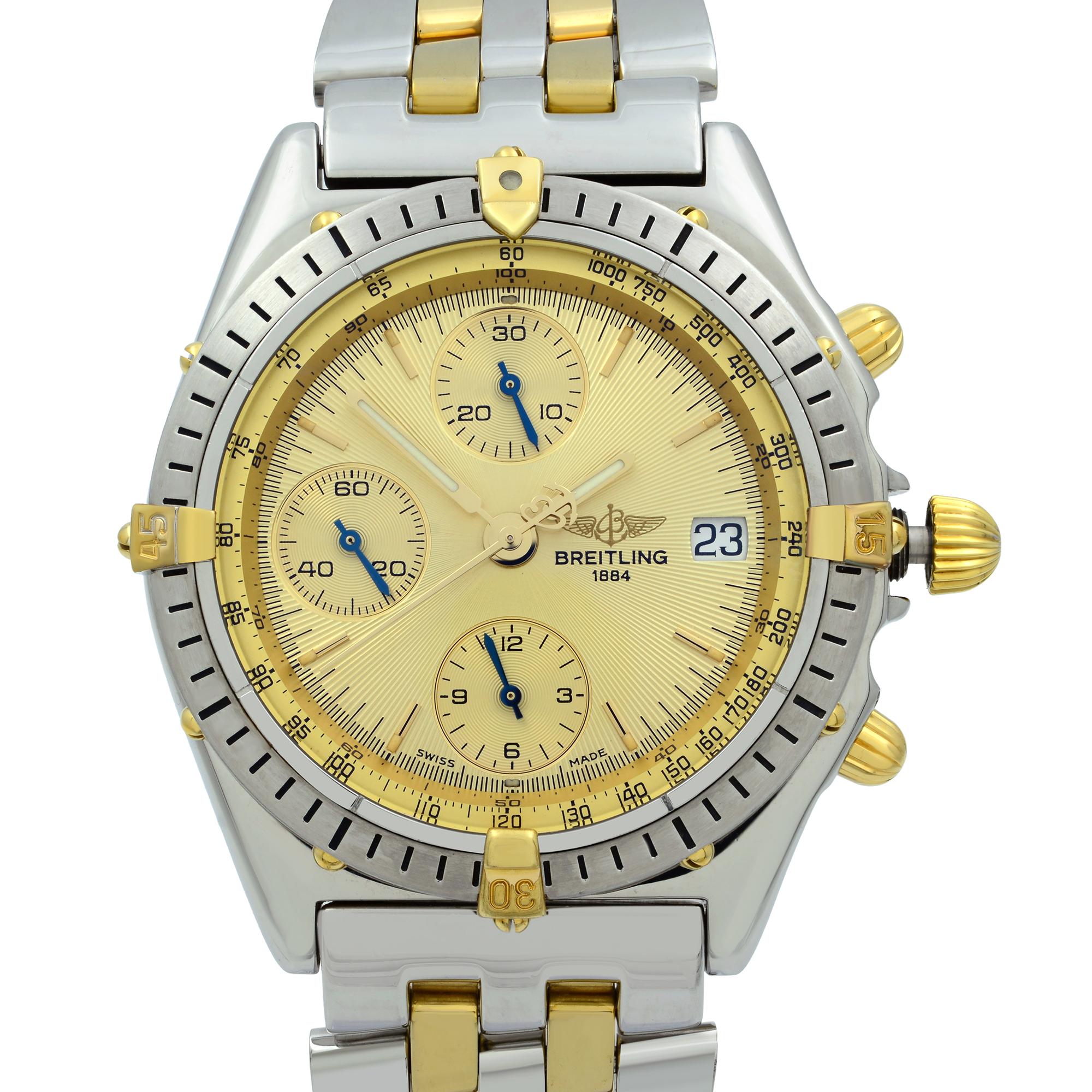 Pre-owned Breitling Chronomat 18K Yellow Gold Steel Champagne Dial Men's Watch. Crown has minor Fading due to use.  Original Box and Papers are not included comes with a Chronostore presentation box and authenticity card. Covered by a one-year