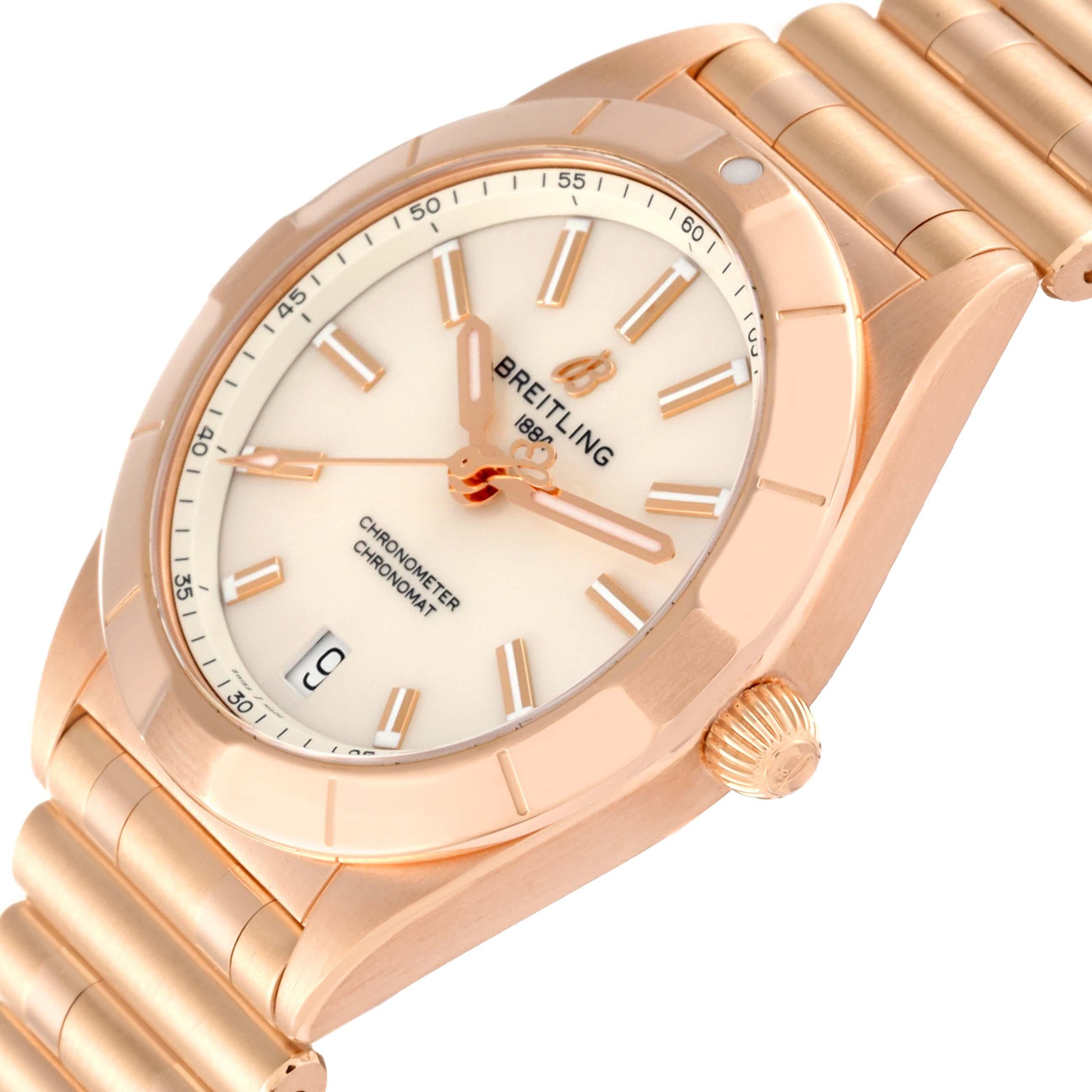 Breitling Chronomat 32 White Dial Rose Gold Ladies Watch R77310. SuperQuartz? thermocompensated quartz electronic movement with an EOL indicator. 18k rose gold case 32.0 mm in diameter. 18k rose gold fixed bezel. Four 15 minute markers. Scratch