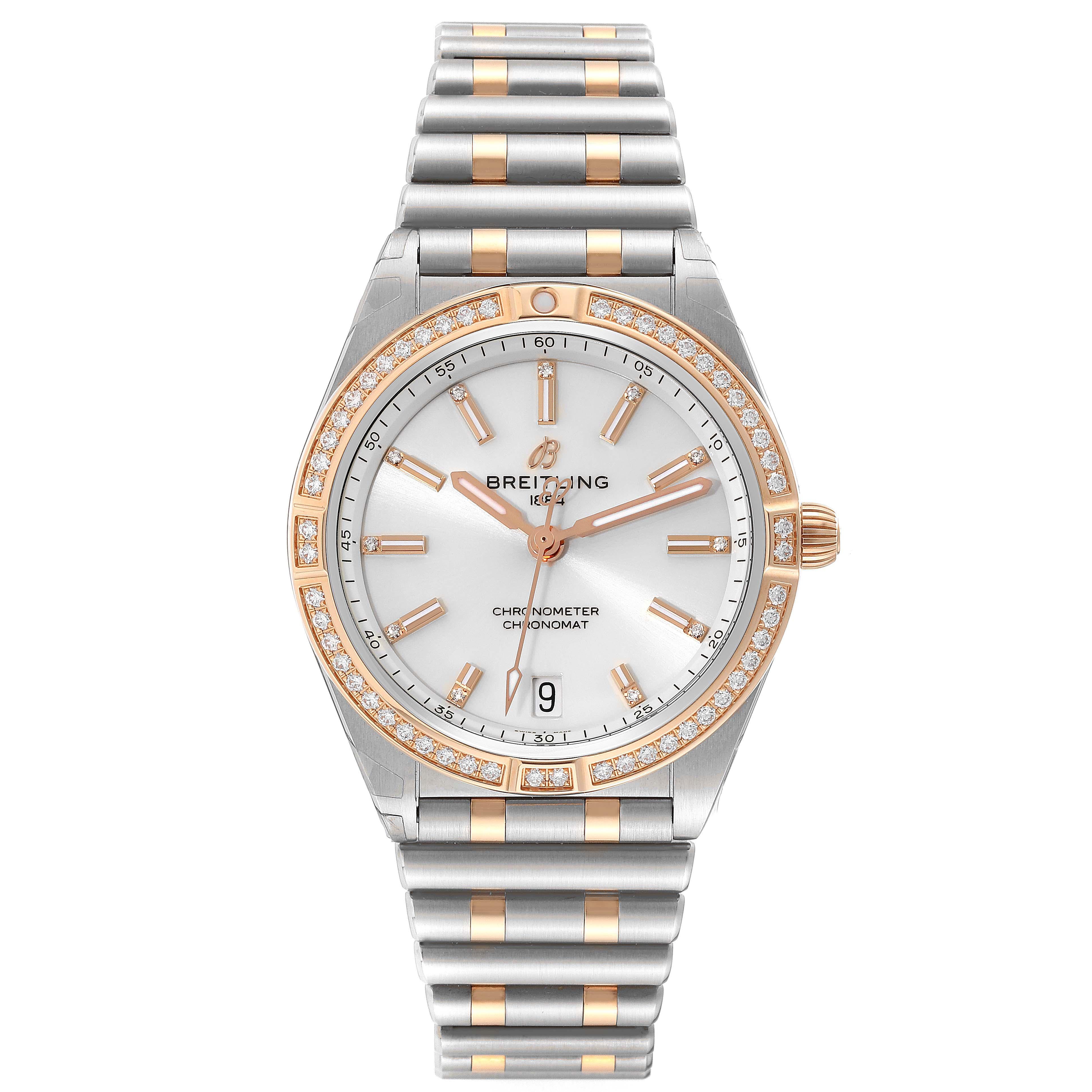 Breitling Chronomat 36 Diamond Dial Steel Rose Gold Ladies Watch U10380 Unworn. Automatic self-winding movement. Stainless steel case 36.0 mm in diameter with 18k rose gold crown. 18k rose gold original Breitling factory diamond bezel. Scratch