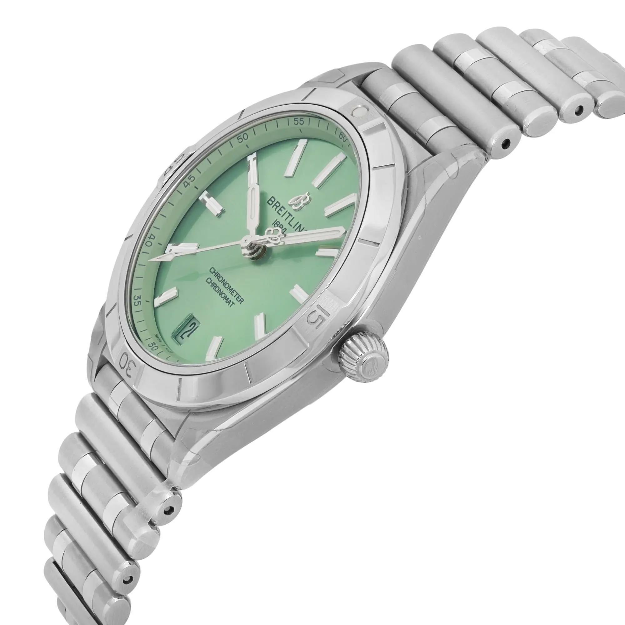Reloj unisex Breitling Chronomat 36 de acero con esfera verde menta A10380101L1A1 en Nuevo estado para la venta en New York, NY
